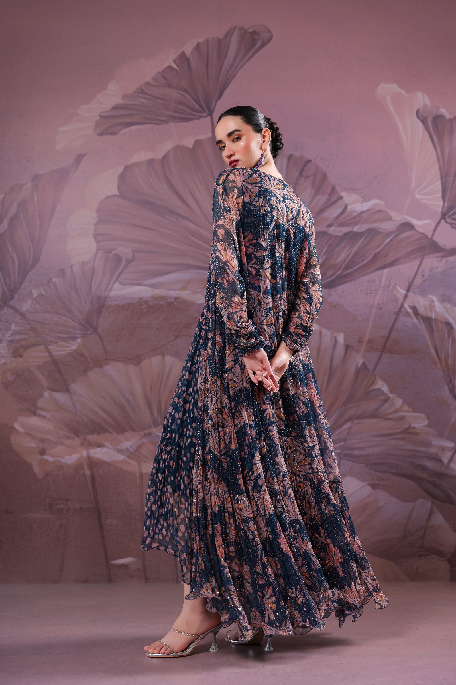 Prussiam Blue park-street jhilmil cape with tier dress