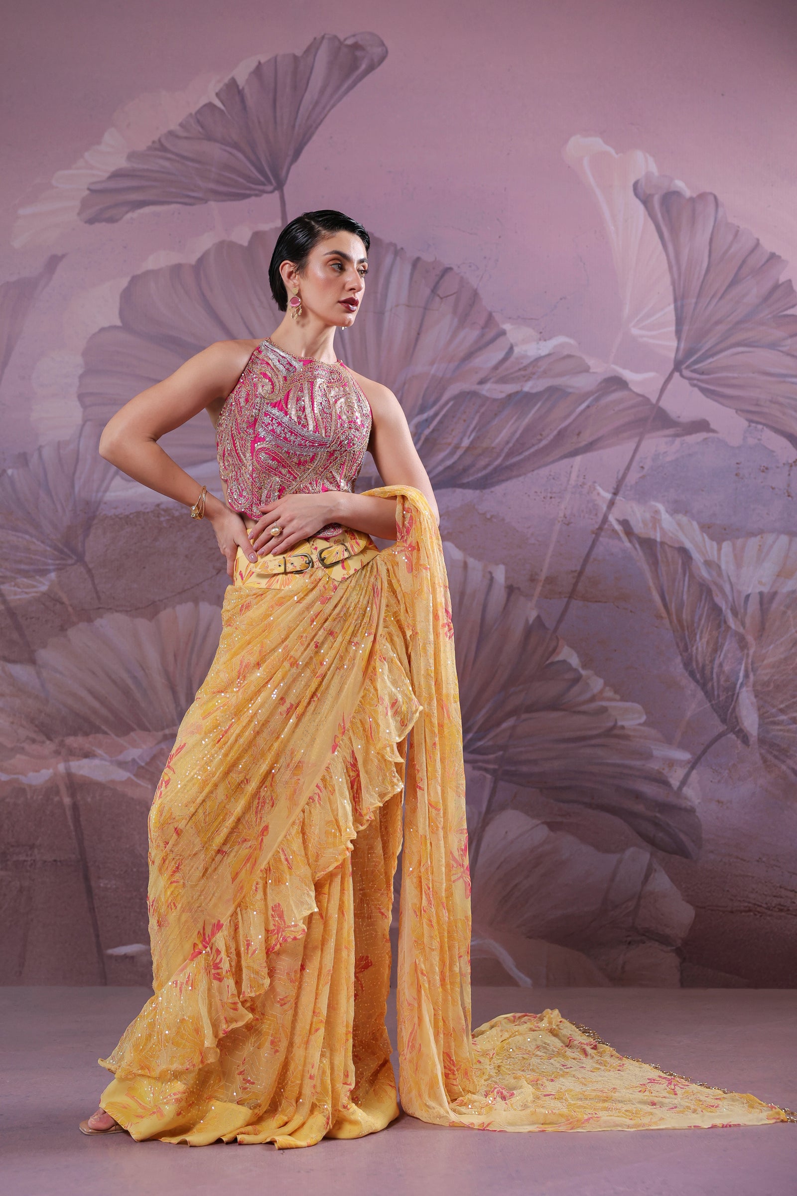 The alipore jhilmil saree set in butter yellowwith Ambi Rani Blouse