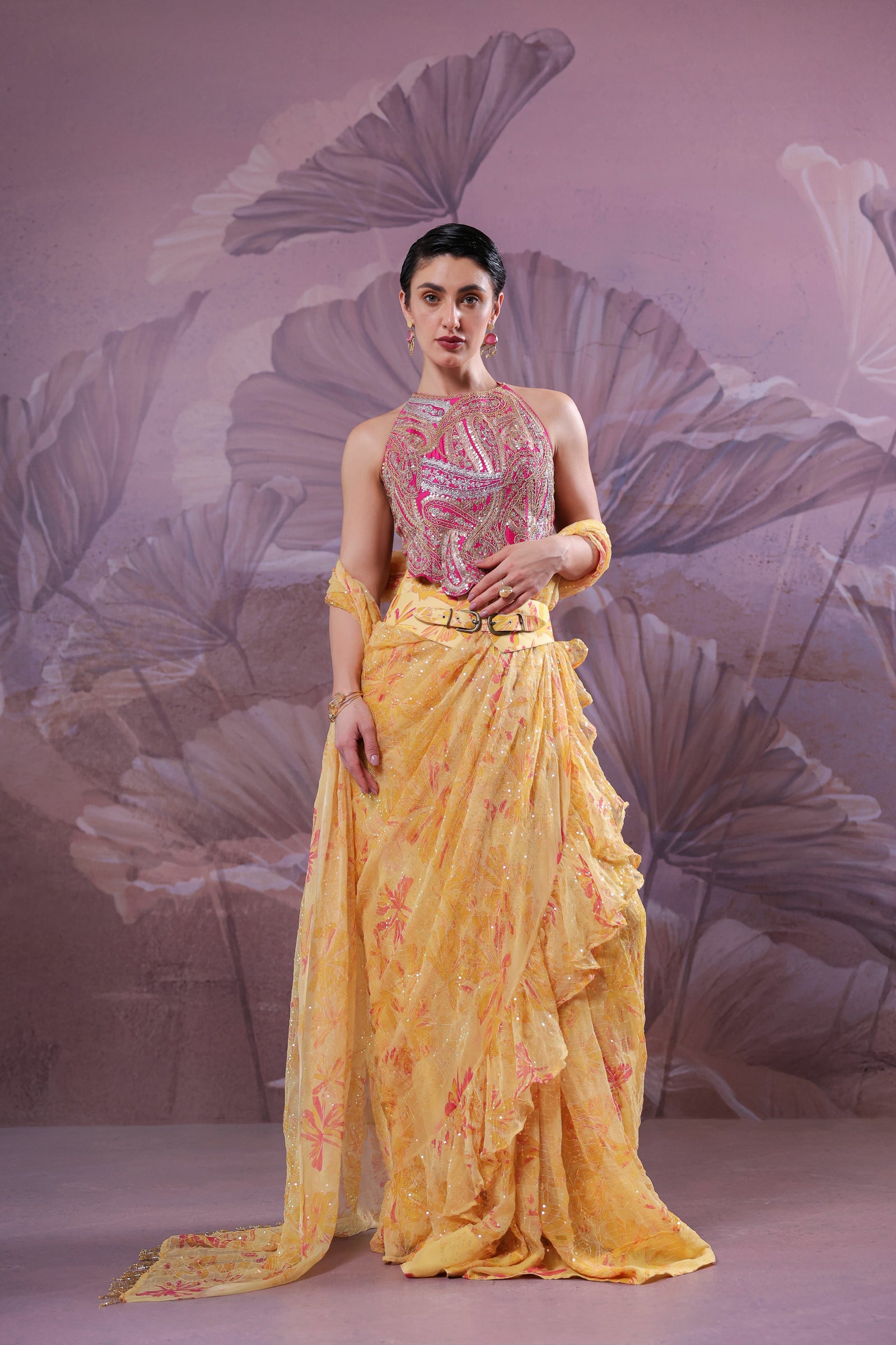 The alipore jhilmil saree set in butter yellowwith Ambi Rani Blouse