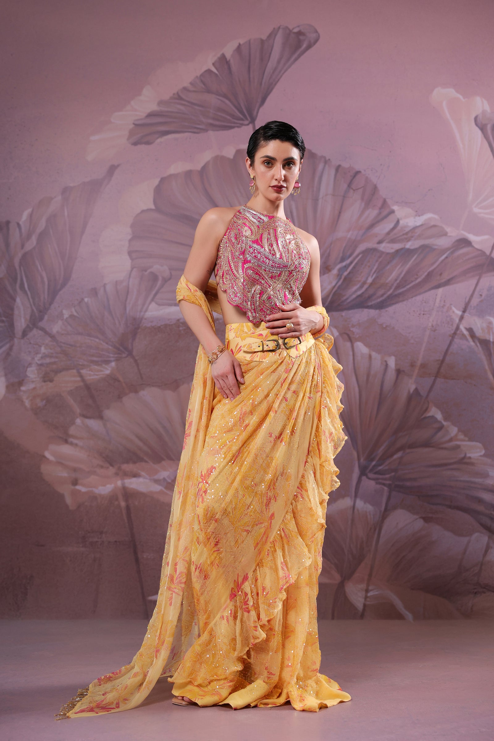 The alipore jhilmil saree set in butter yellowwith Ambi Rani Blouse