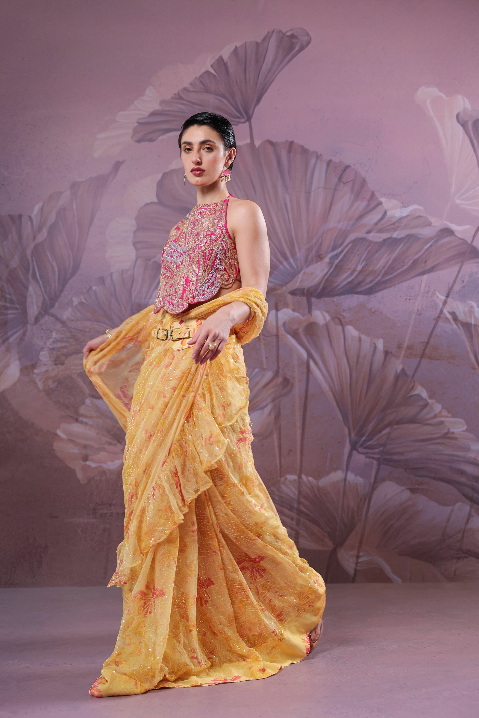 The alipore jhilmil saree set in butter yellowwith Ambi Rani Blouse