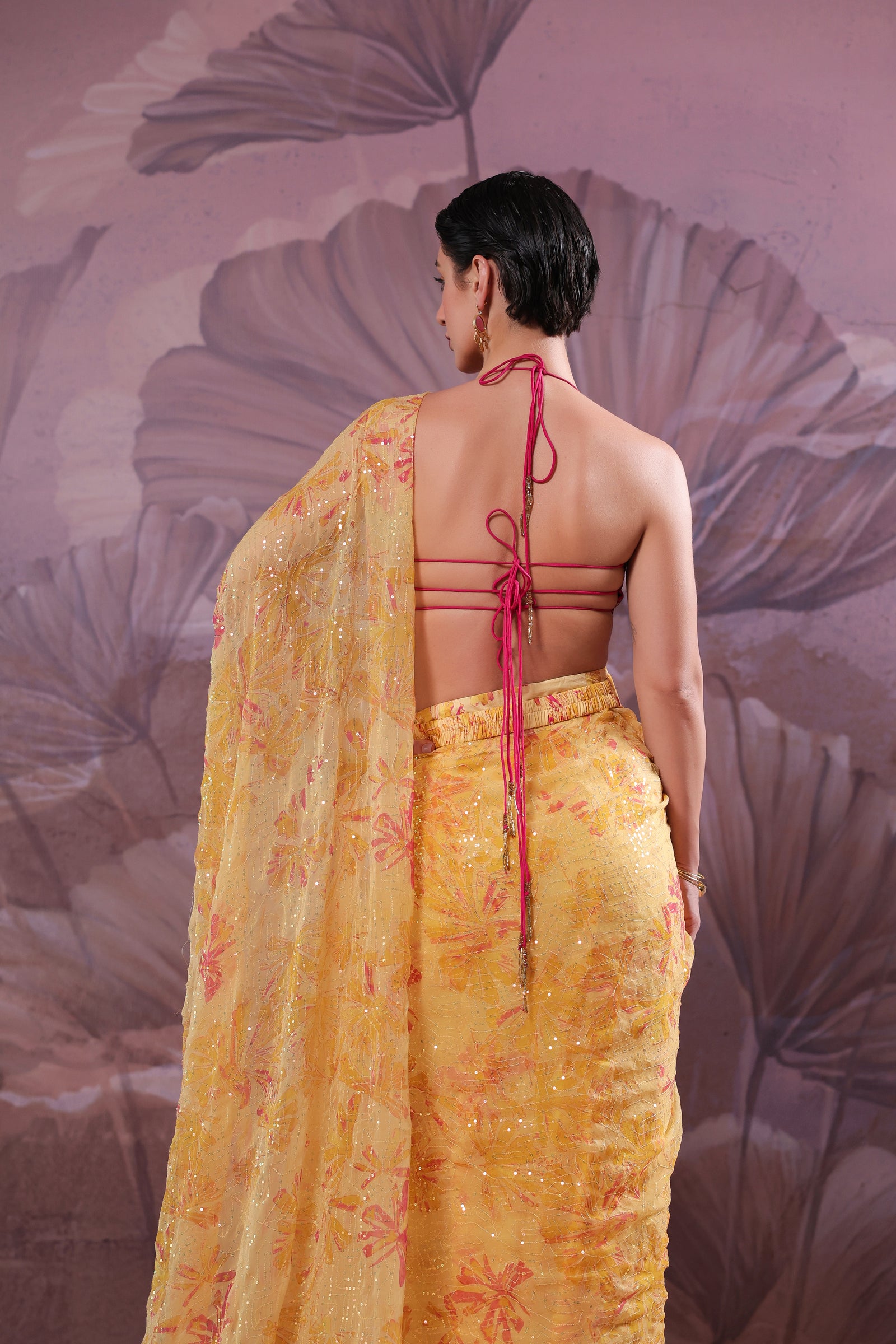 The alipore jhilmil saree set in butter yellowwith Ambi Rani Blouse