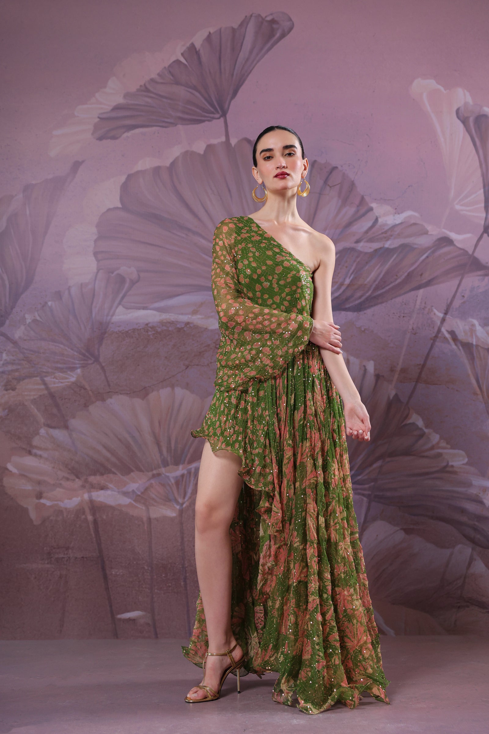 Avacado green marble palace 1 off shoulder maxi