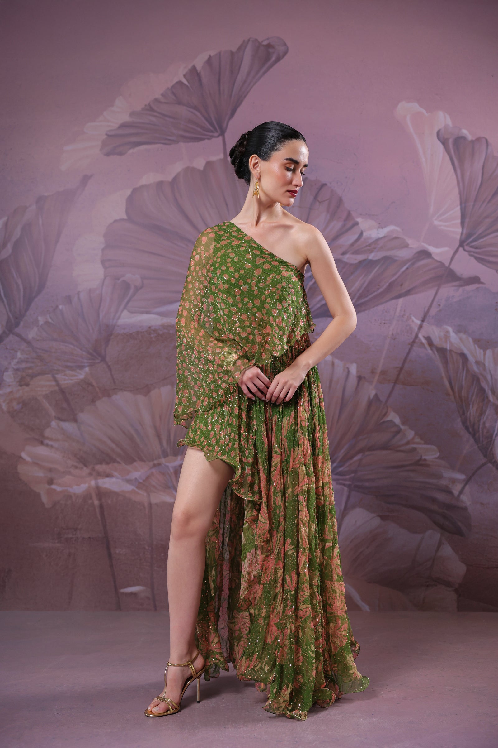 Avacado green marble palace 1 off shoulder maxi