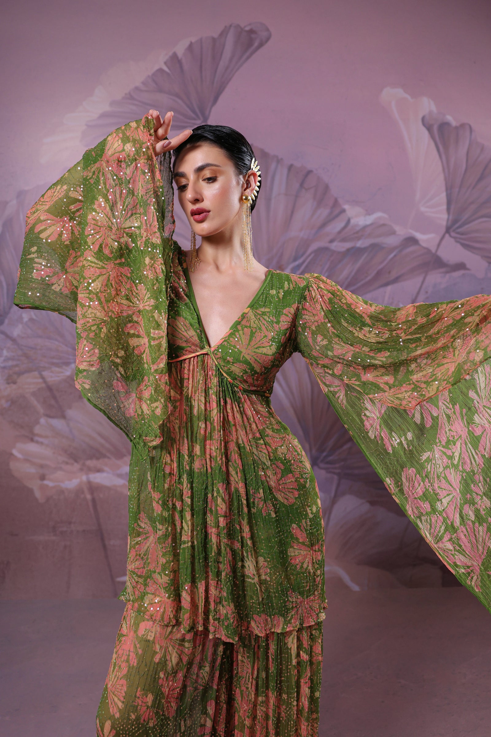 "The city of joy"  Avacado green  Drama sleeve set