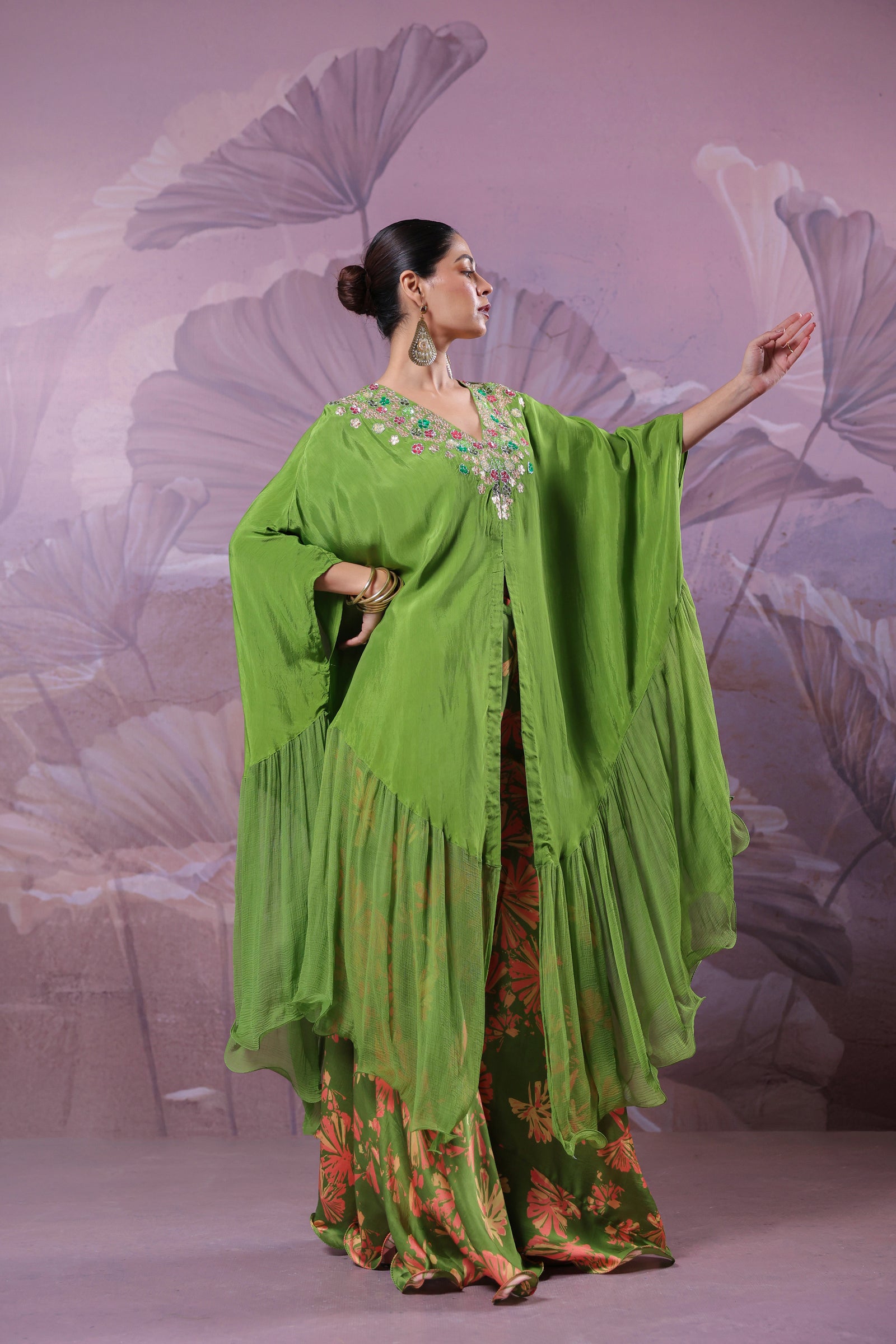 The  Avacado Green Chakarborty gotaphool kaftaan set