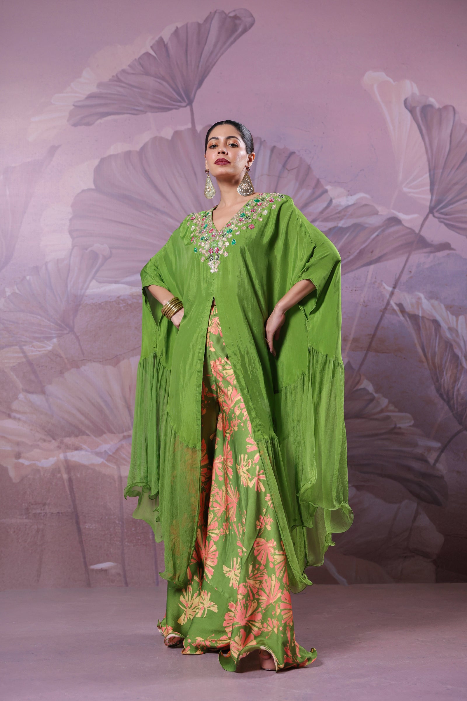 The  Avacado Green Chakarborty gotaphool kaftaan set