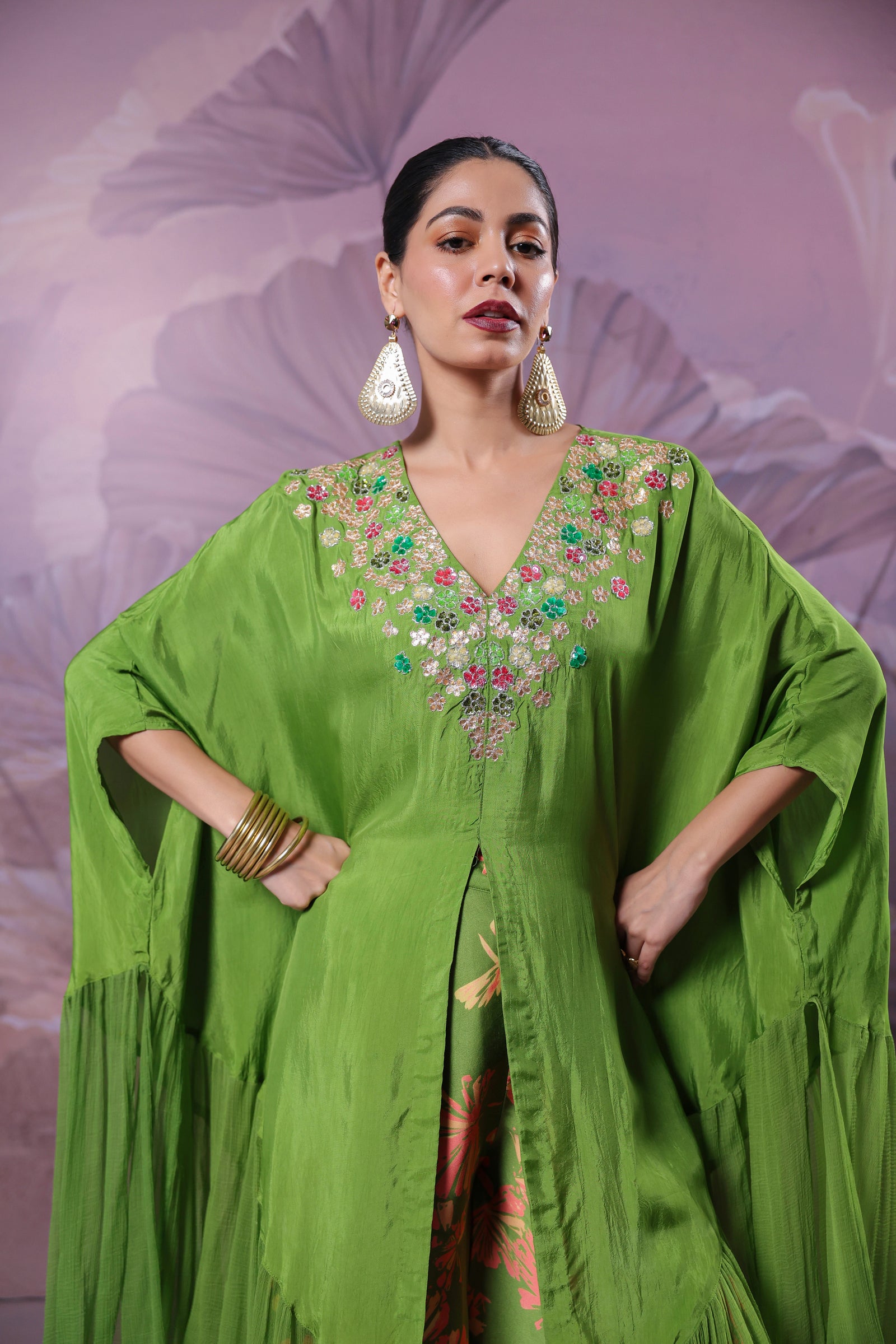 The  Avacado Green Chakarborty gotaphool kaftaan set