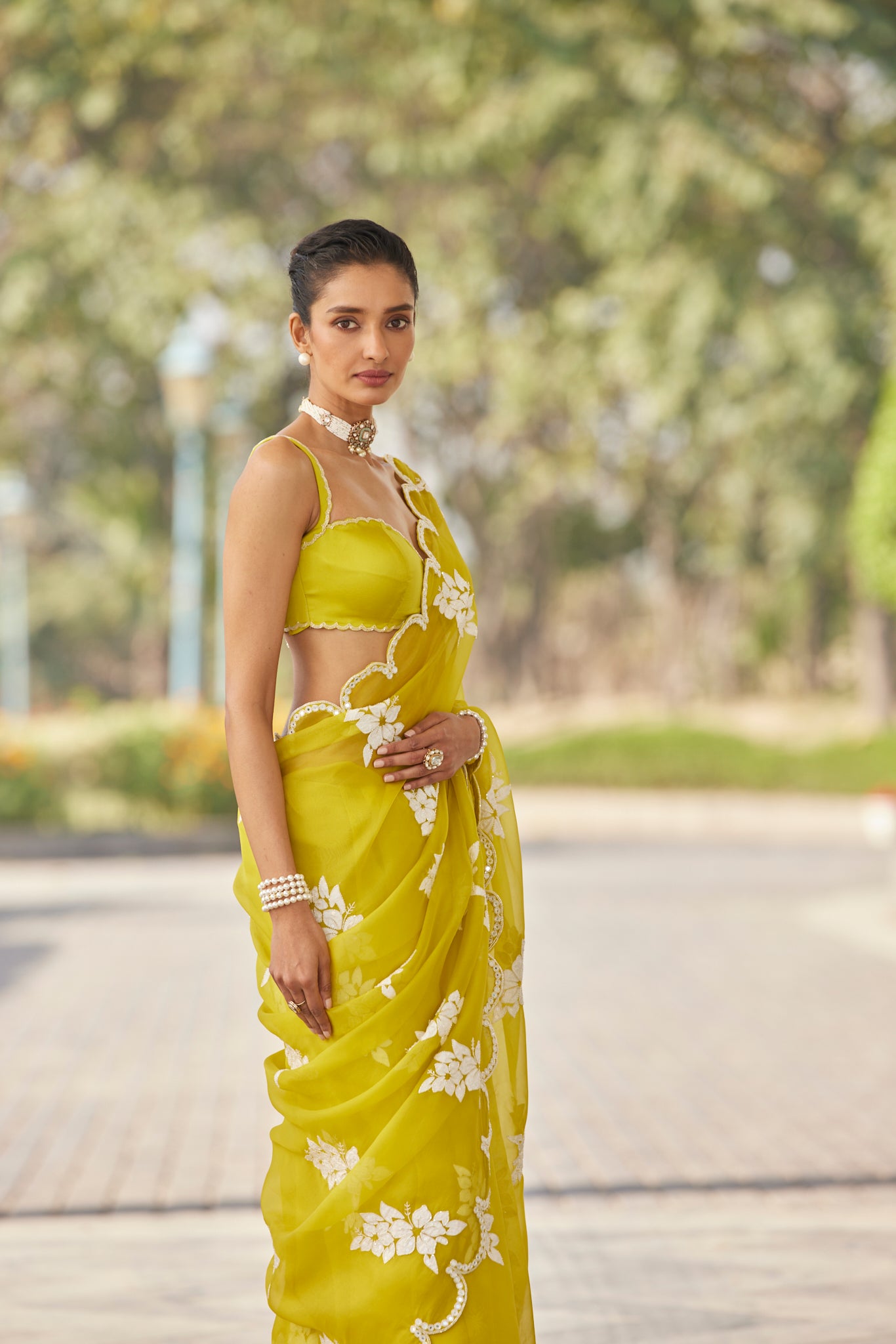 Moss Green Flower Saree Set