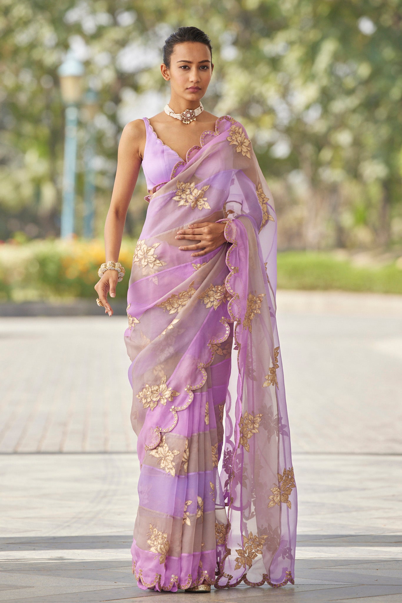 Mauve Multicolor Flower Saree Set