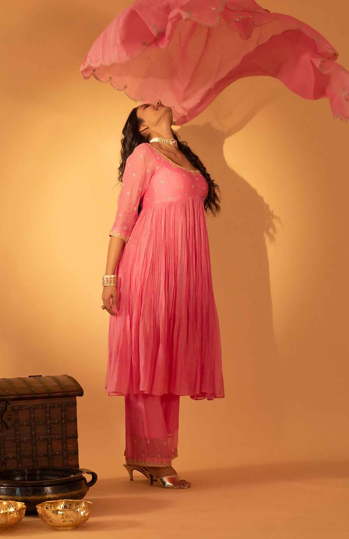 A Rose Pink Anarkali Set With Pants And Duptta