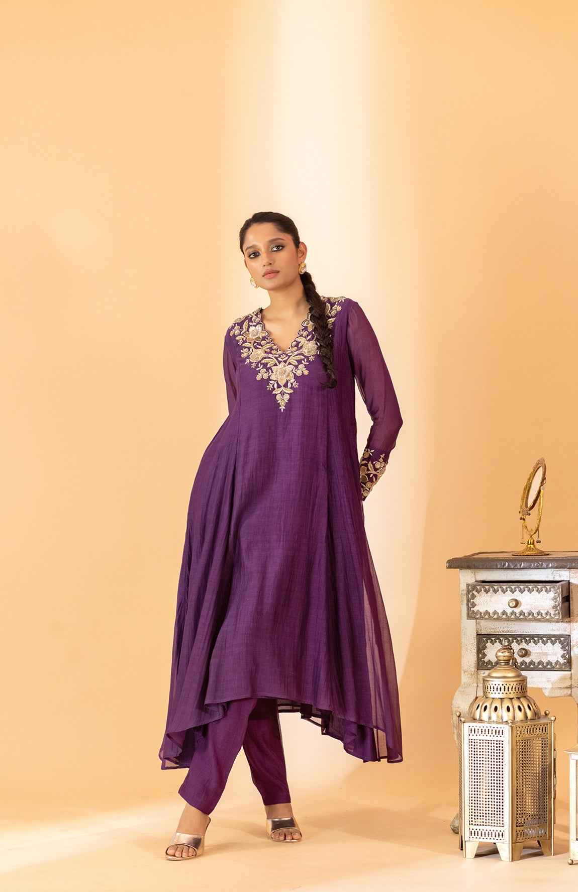 A Purple Hand Embroidered Anarkali Set With Pants