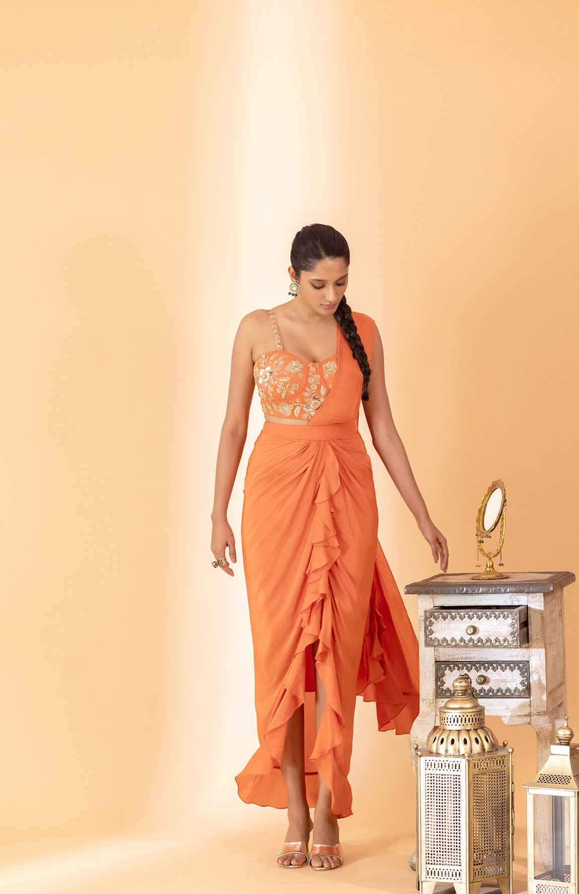 A Rust Pre-Draped Saree With Hand Embroidered Blouse