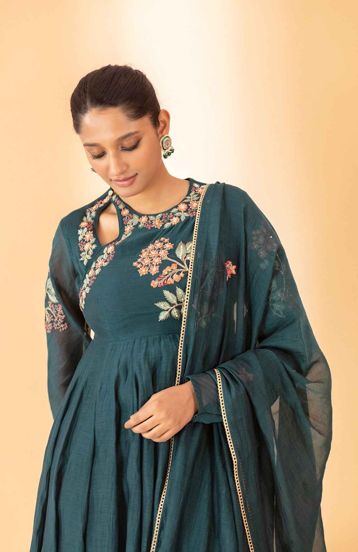 A Teal Green Hand Embroidered Anarkali Set With Pants And Duptta