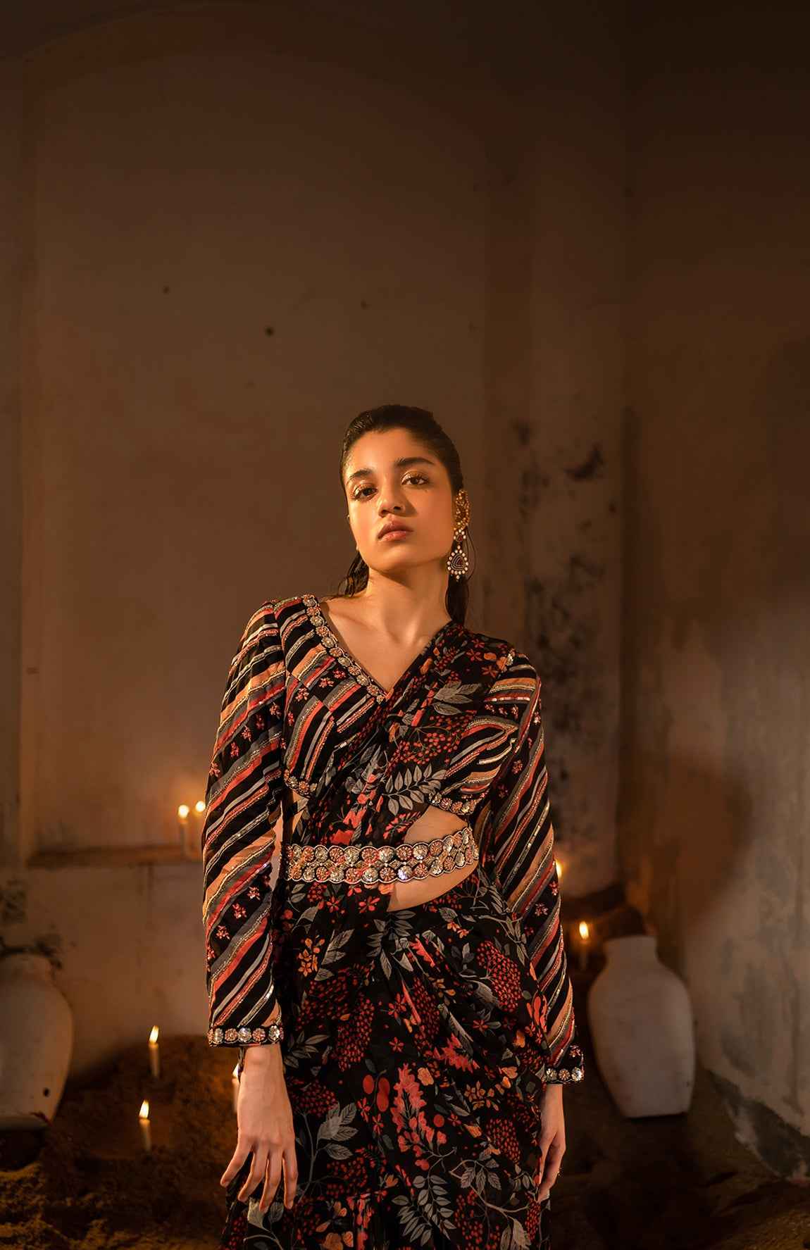 A Pre-Draped Layer Saree With Hand Embroidered Blouse And Belt