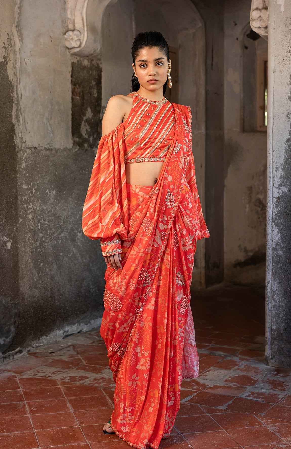 A Pre-Draped Saree Set With Hand Embroidered Blouse