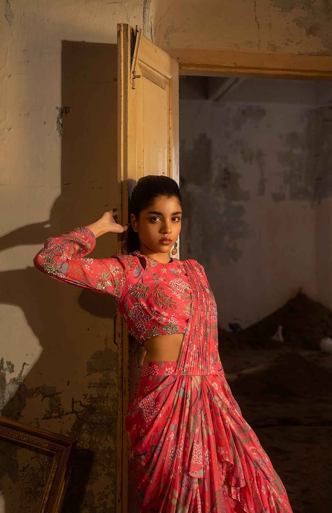 A Hand Embroidered Pre-Draped Ruffle Saree And Blouse