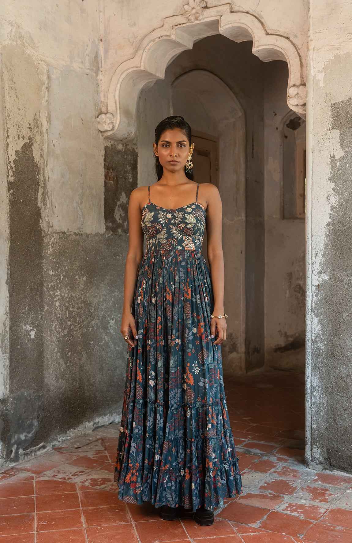 A Printed Teal Blue Maxi Dress