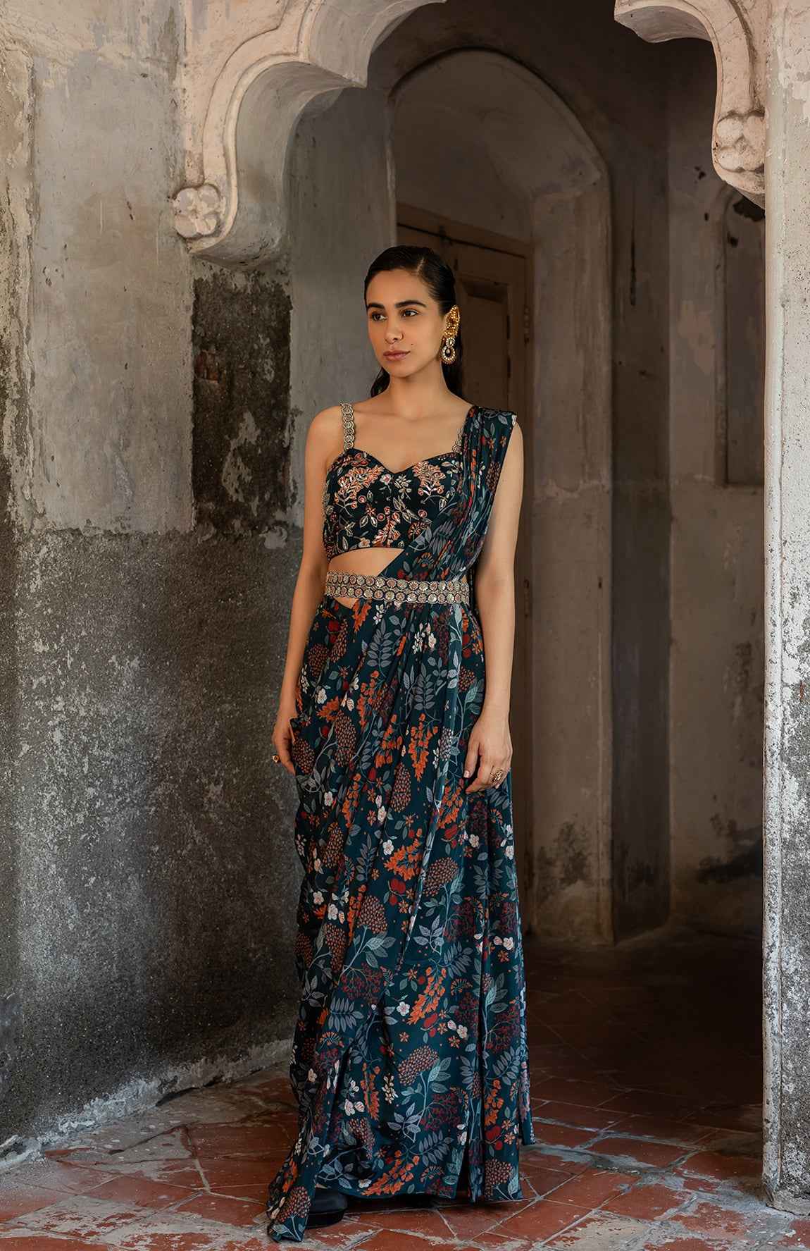 A Draped Indo Western Saree Set Paired With Bustier And Style With Belt