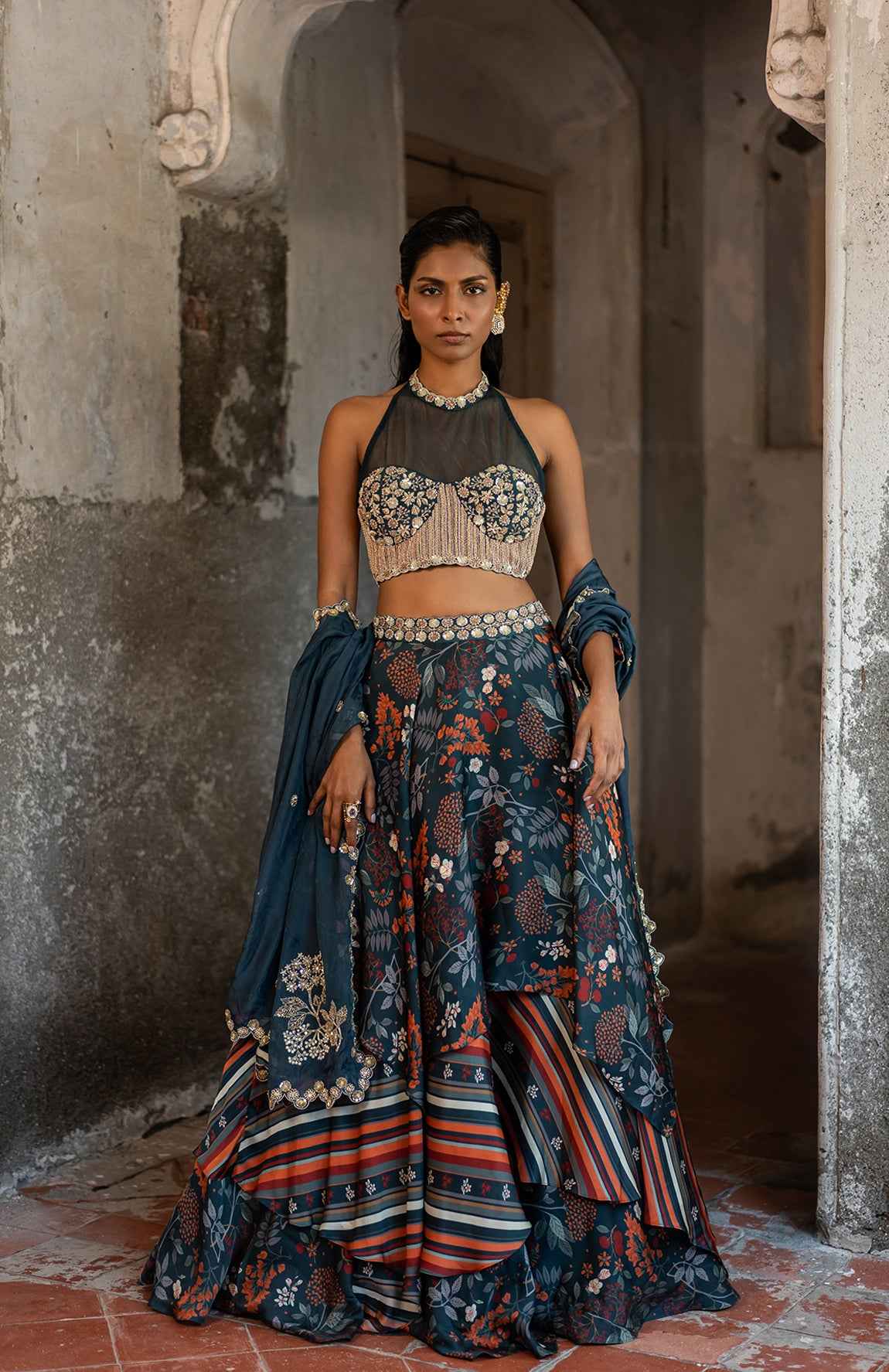 A Printed Teal Blue Lehenga With Hand Embroidered Blouse And Duptta