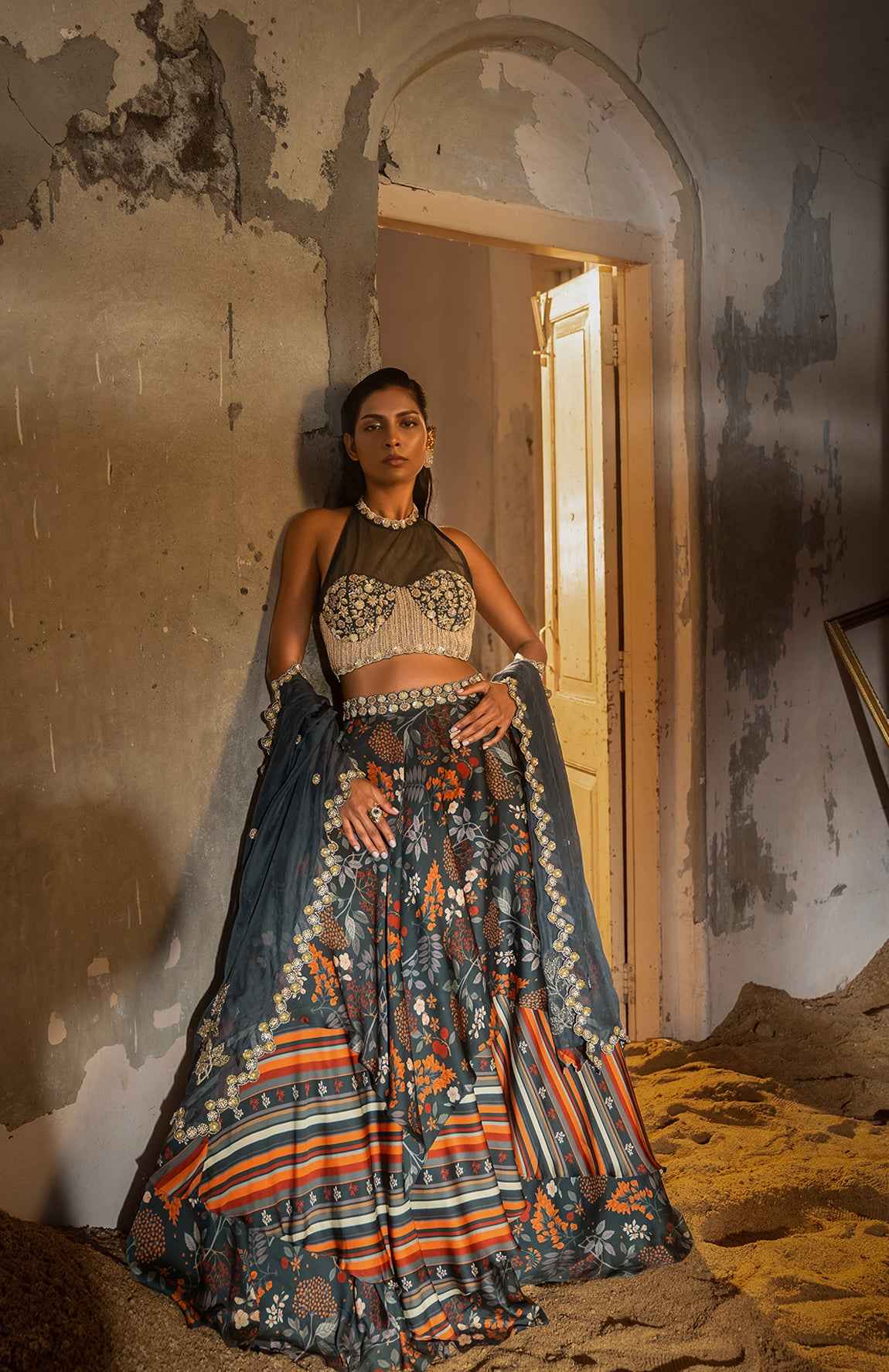 A Printed Teal Blue Lehenga With Hand Embroidered Blouse And Duptta