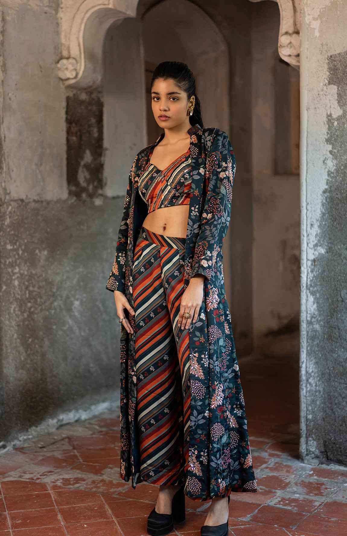 A Hand Embroidered Jacket Set Paired With Bustier And Pants