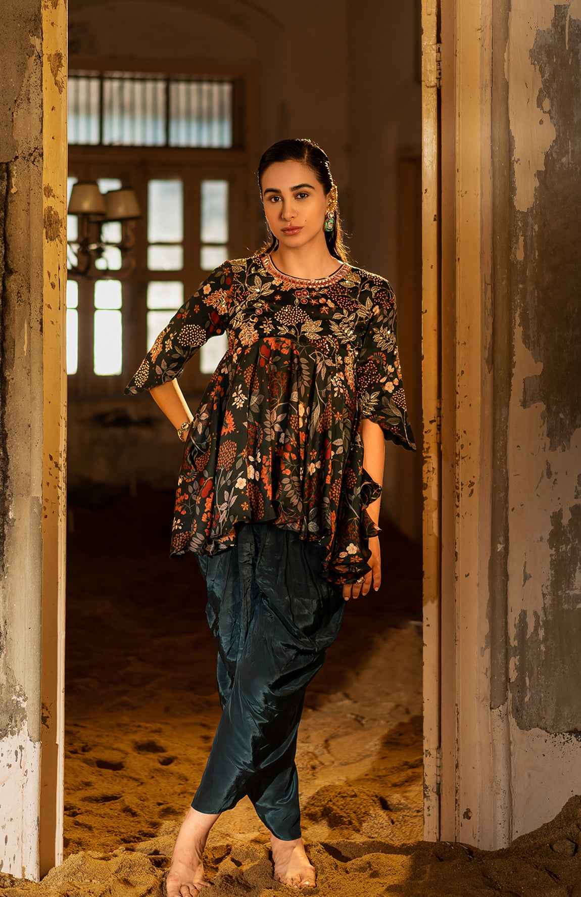 peplum dress with dhoti Purple Cotton Peplum Dhoti Dupatta Set