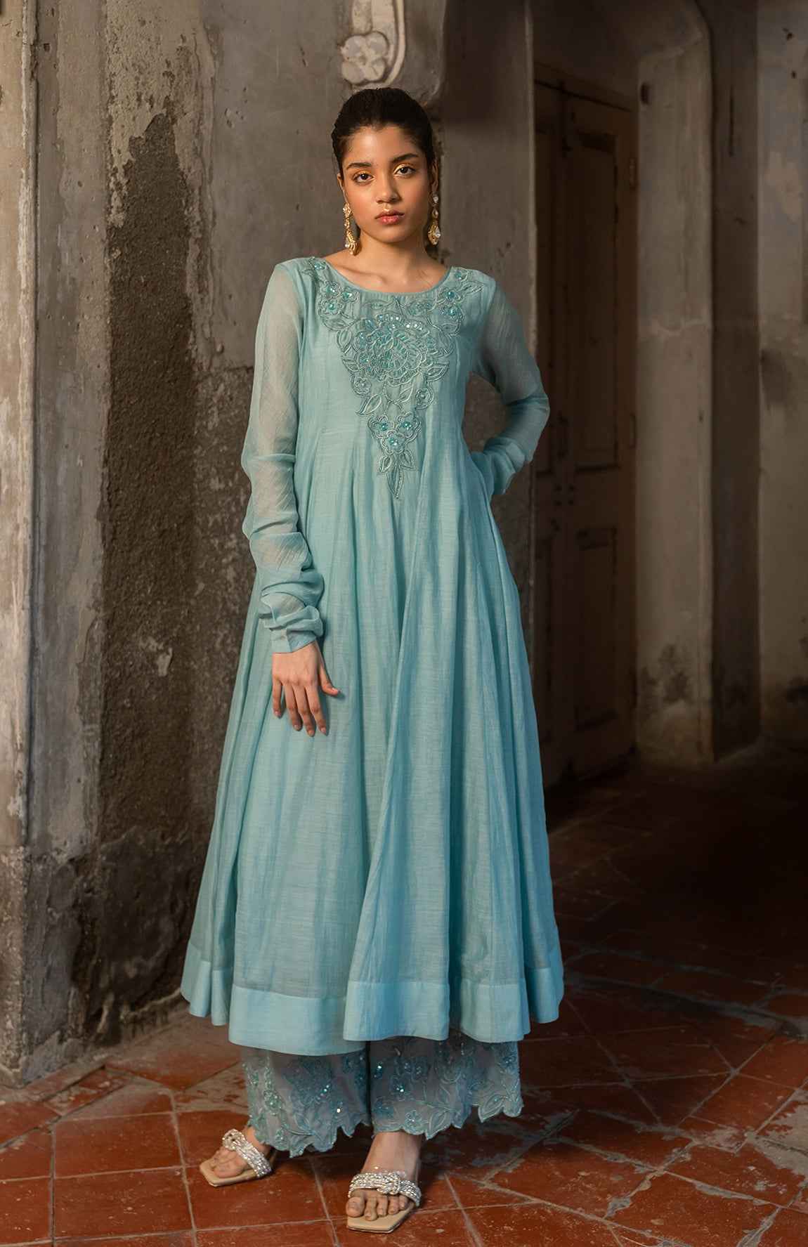 A Powder Blue Anarkali Paired With Pants