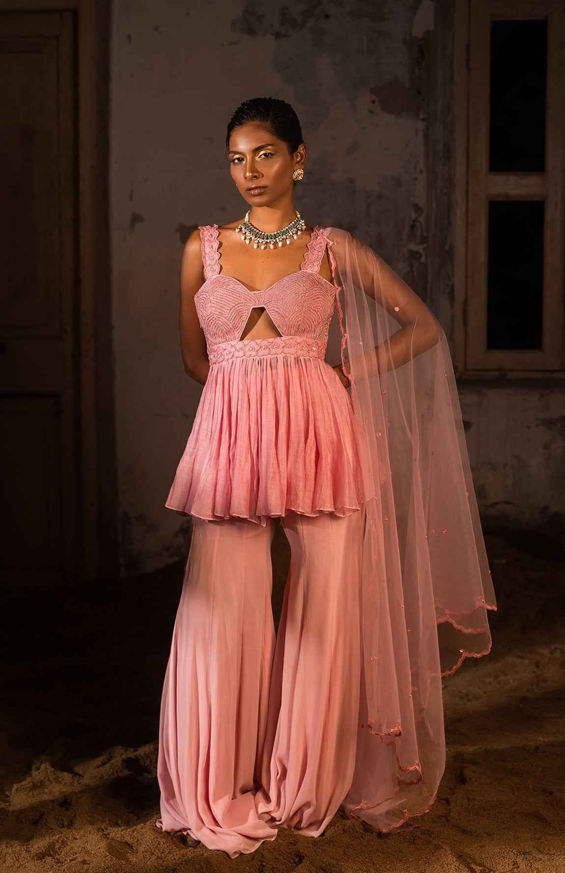 A Thread Work Peplum Set With Sharara Pants