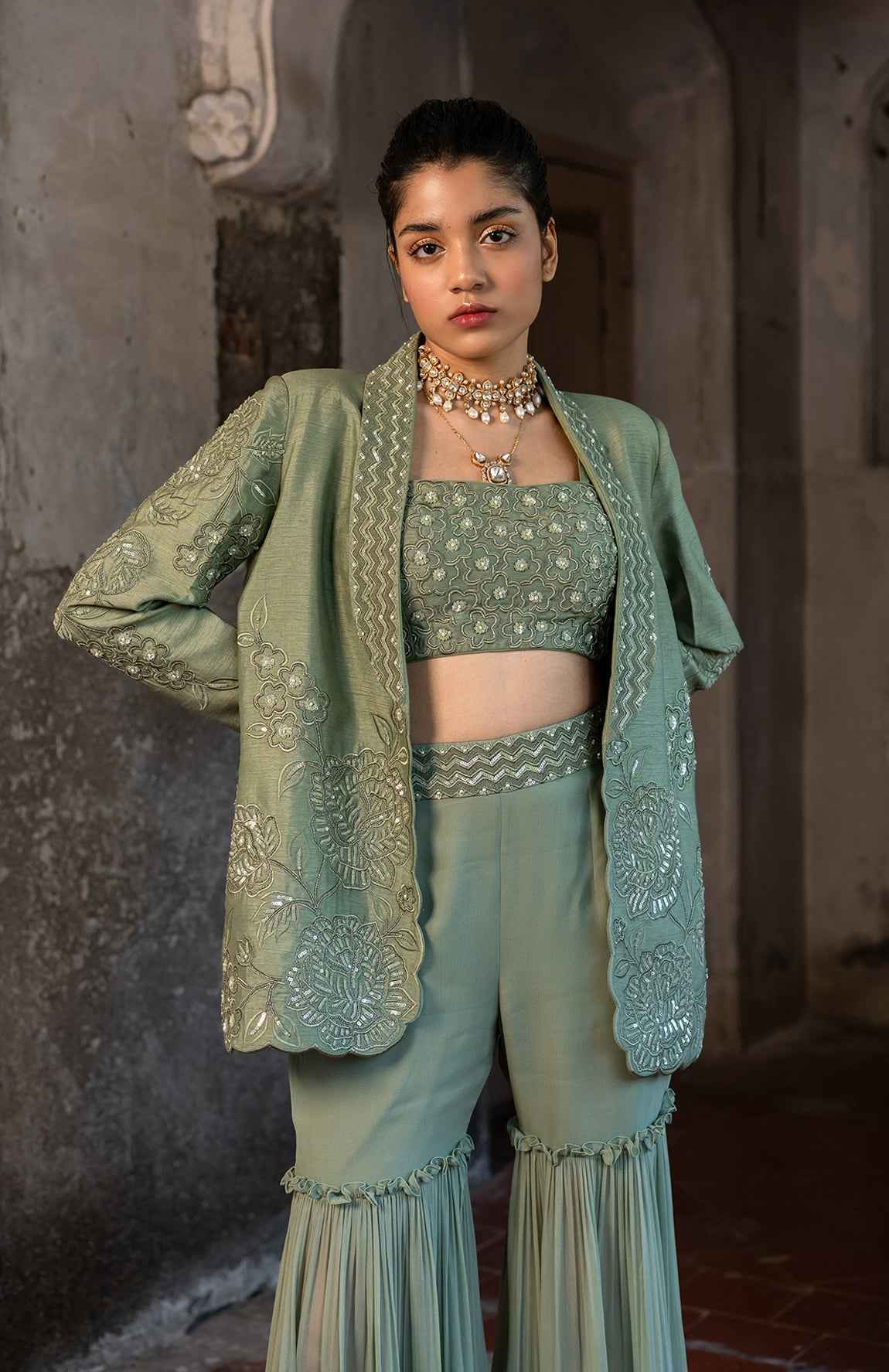 A Embroidered Blazer Set With Bustier And Sharara Pants