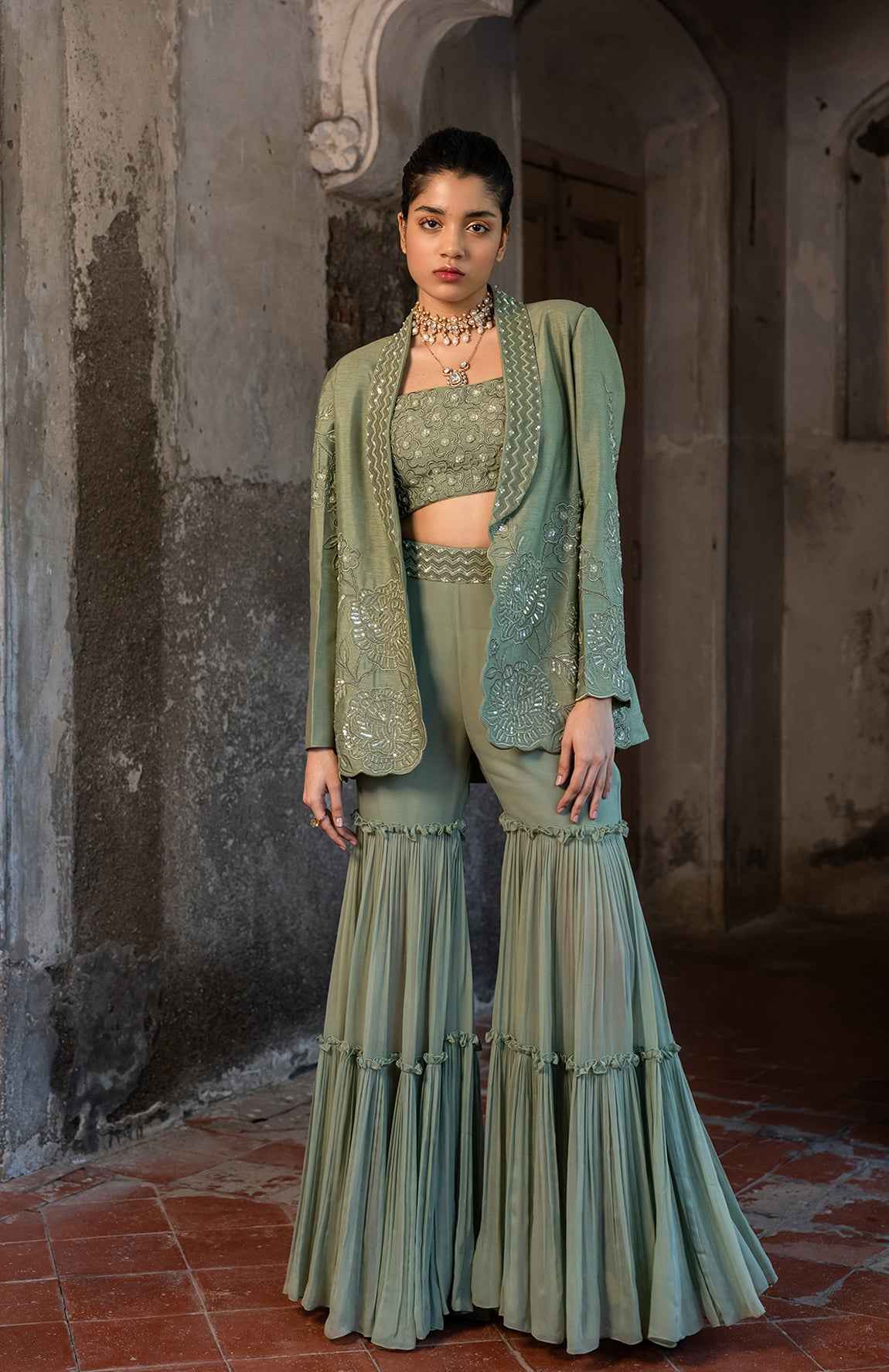 A Embroidered Blazer Set With Bustier And Sharara Pants