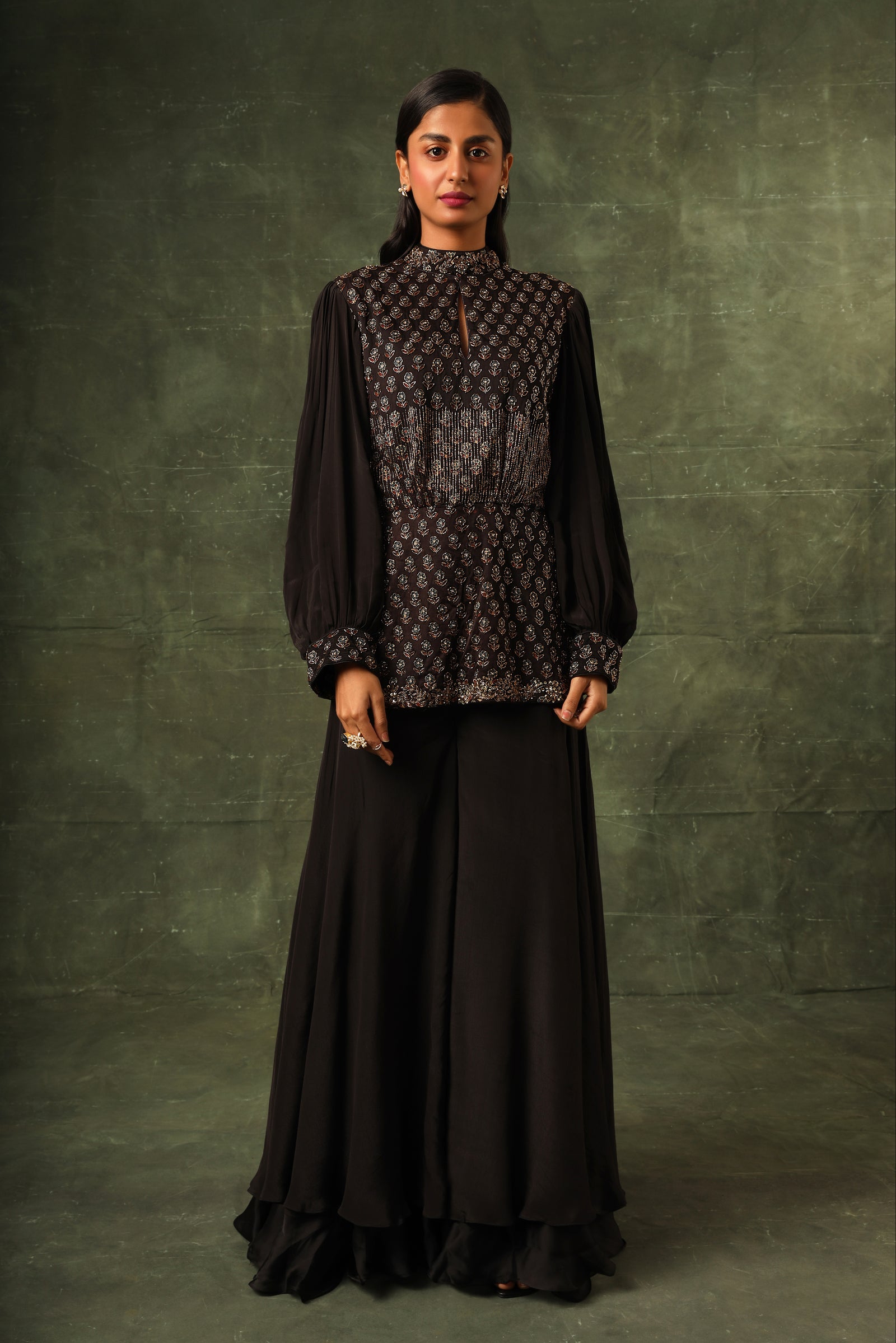 Black Ajrakh peplum top with flare pants