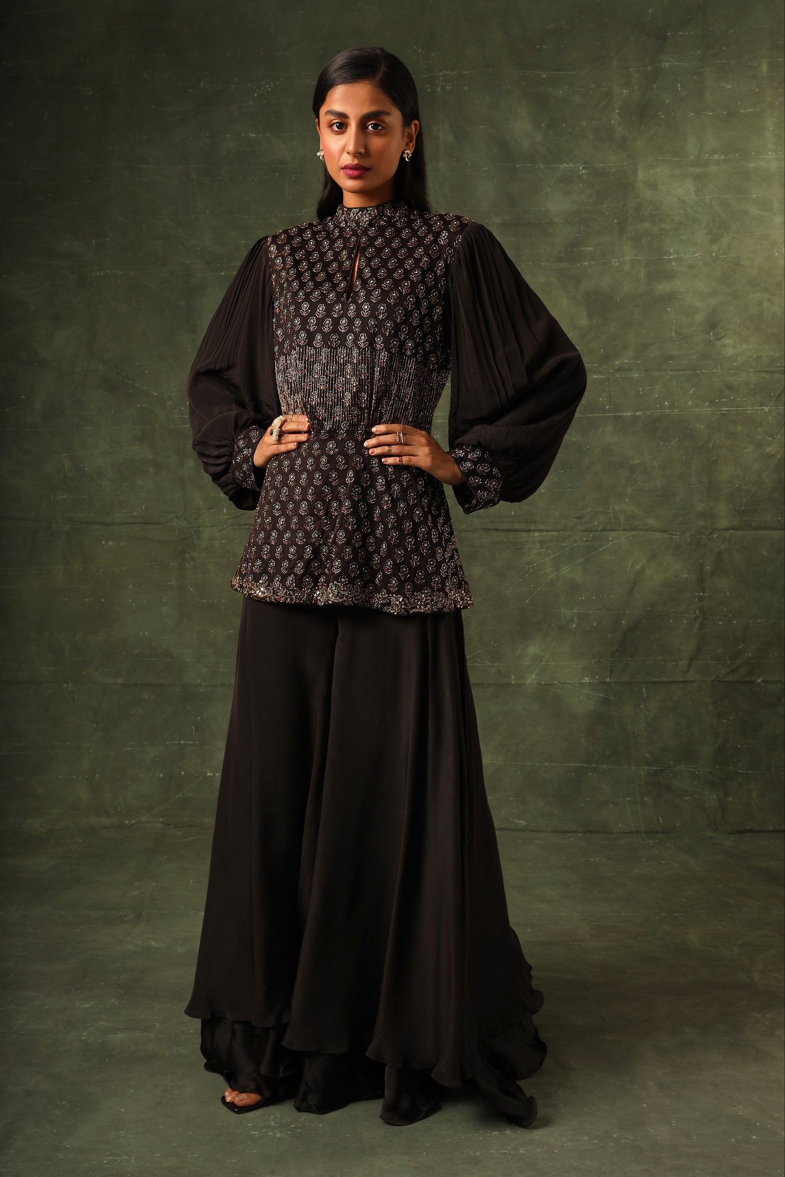 Black Ajrakh peplum top with flare pants