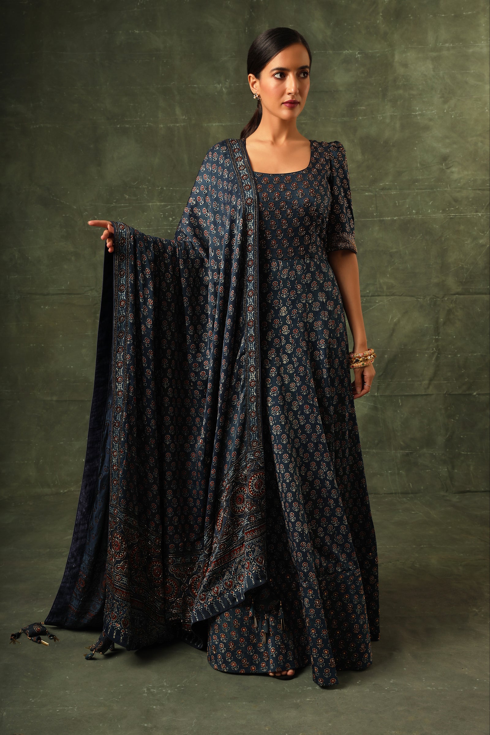 Blue Ajrakh anarkali with dupatta