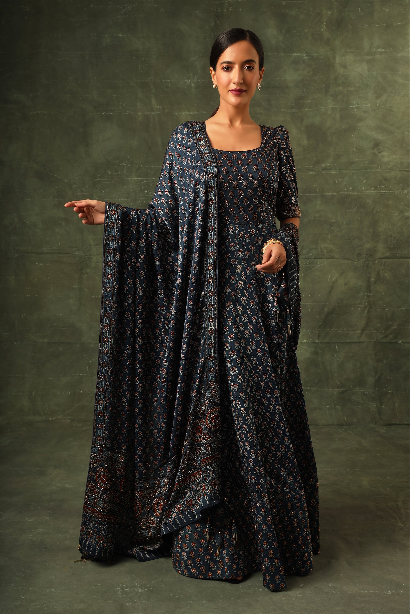 Blue Ajrakh anarkali with dupatta