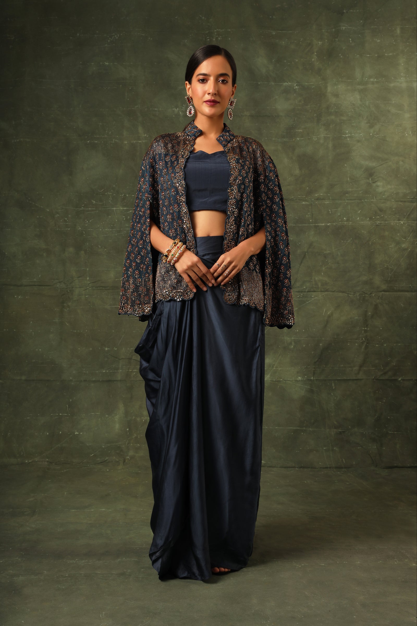 Blue ajrakh cape jacket with blouse and drape dhoti
