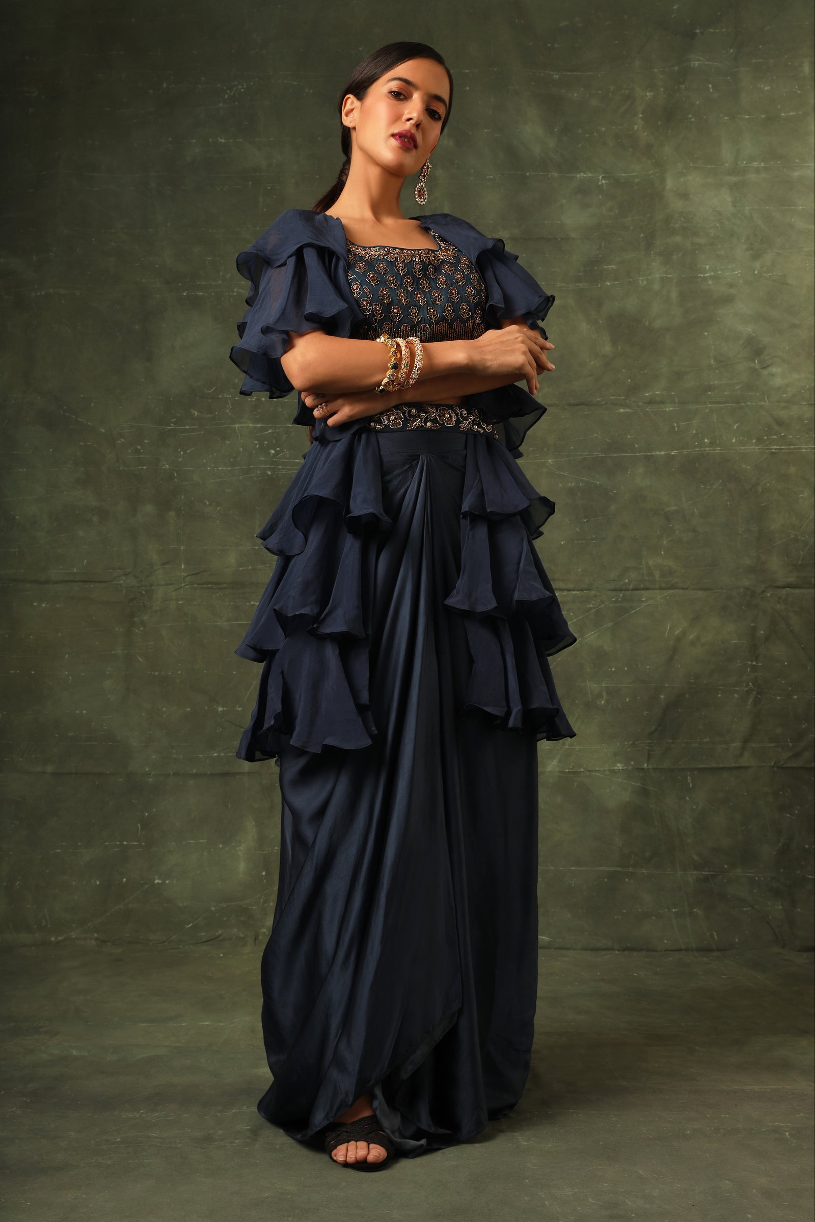 Blue Ajrakh blouse and  layered jacket with embroiderd waisrband and drape dhoti