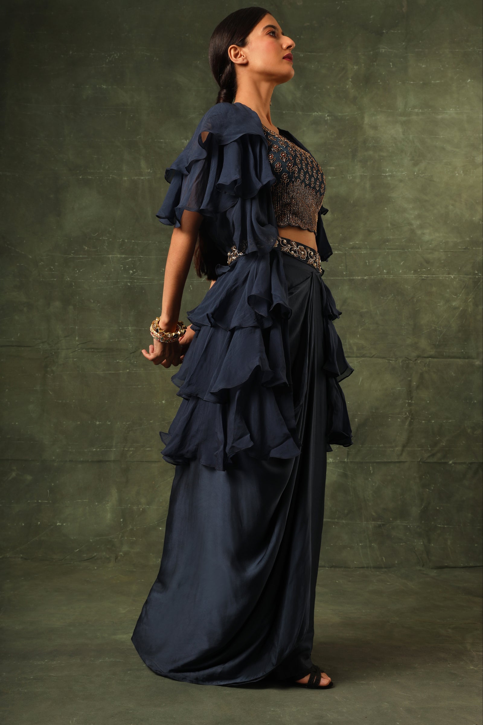 Blue Ajrakh blouse and  layered jacket with embroiderd waisrband and drape dhoti