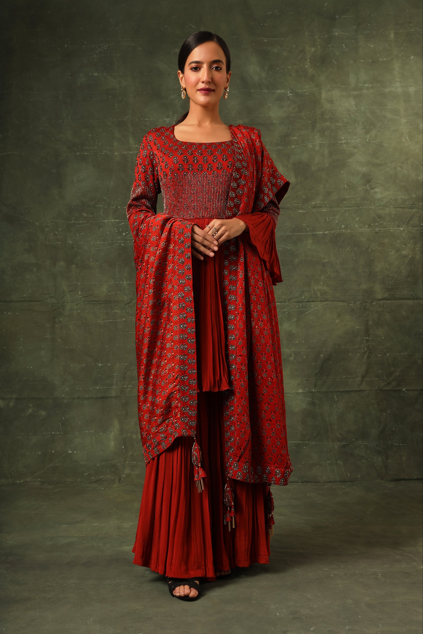 Red ajrakh gathered kurta and sharara with ajrakh dupatta