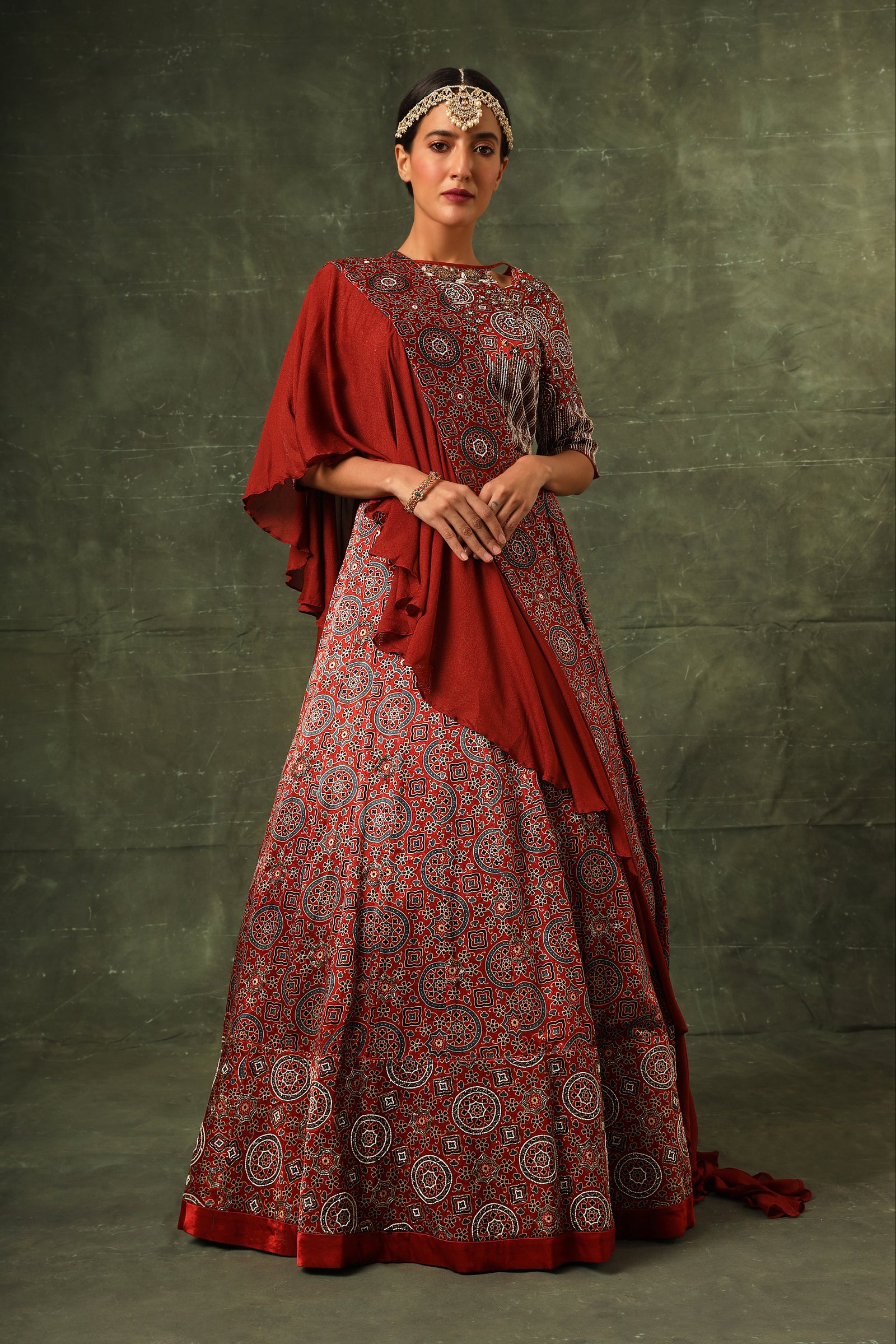 Red ajrakh blouse and lehenga with ruffled dupatta
