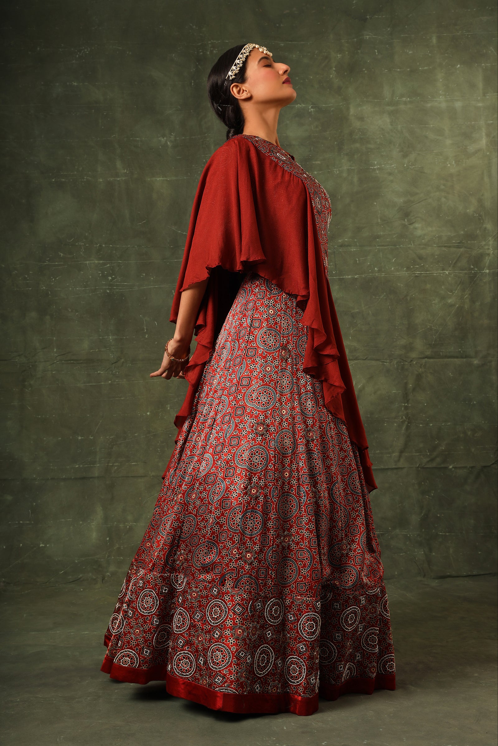 Red ajrakh blouse and lehenga with ruffled dupatta