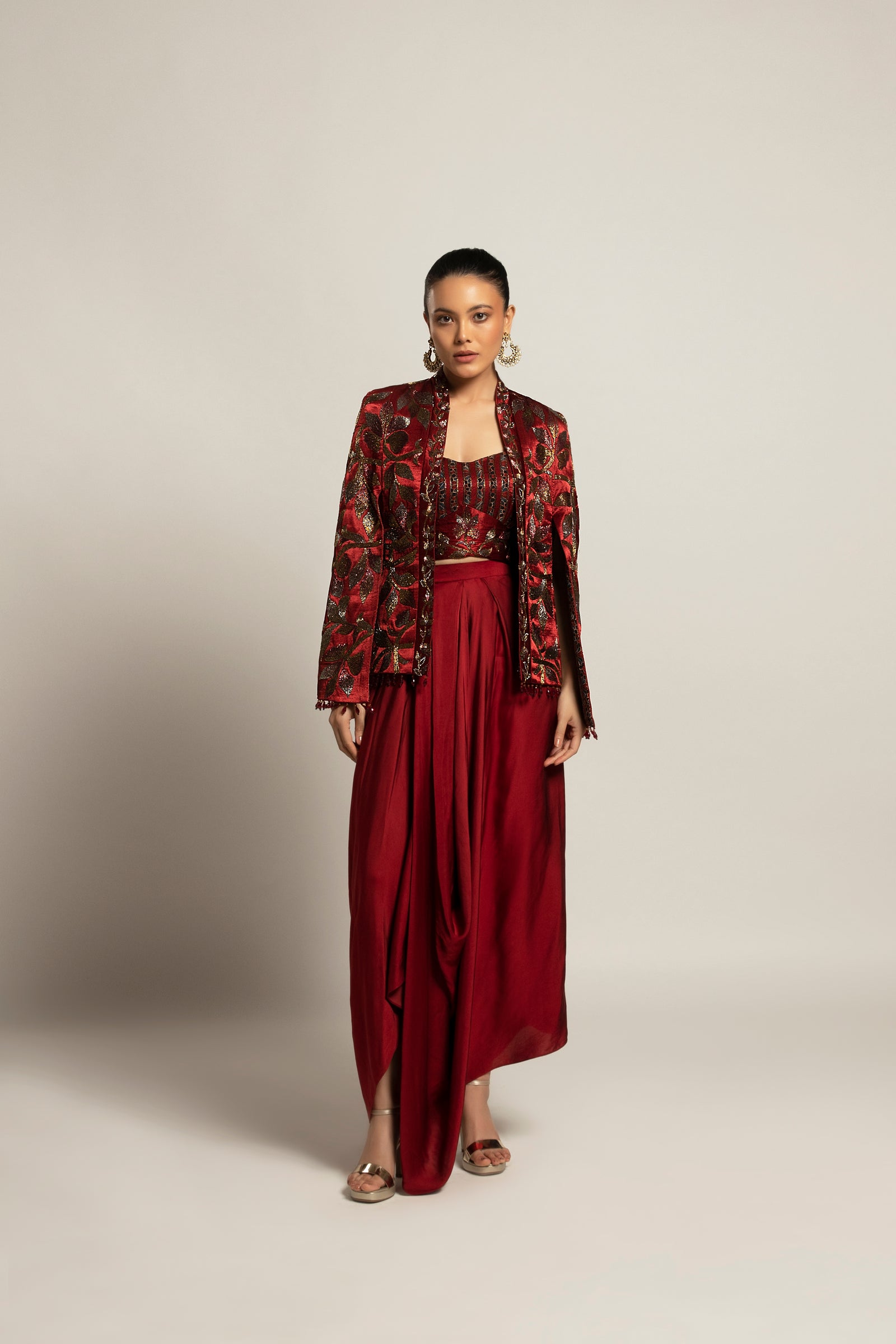 Rheia Maroon co-ord set with Cape jacket