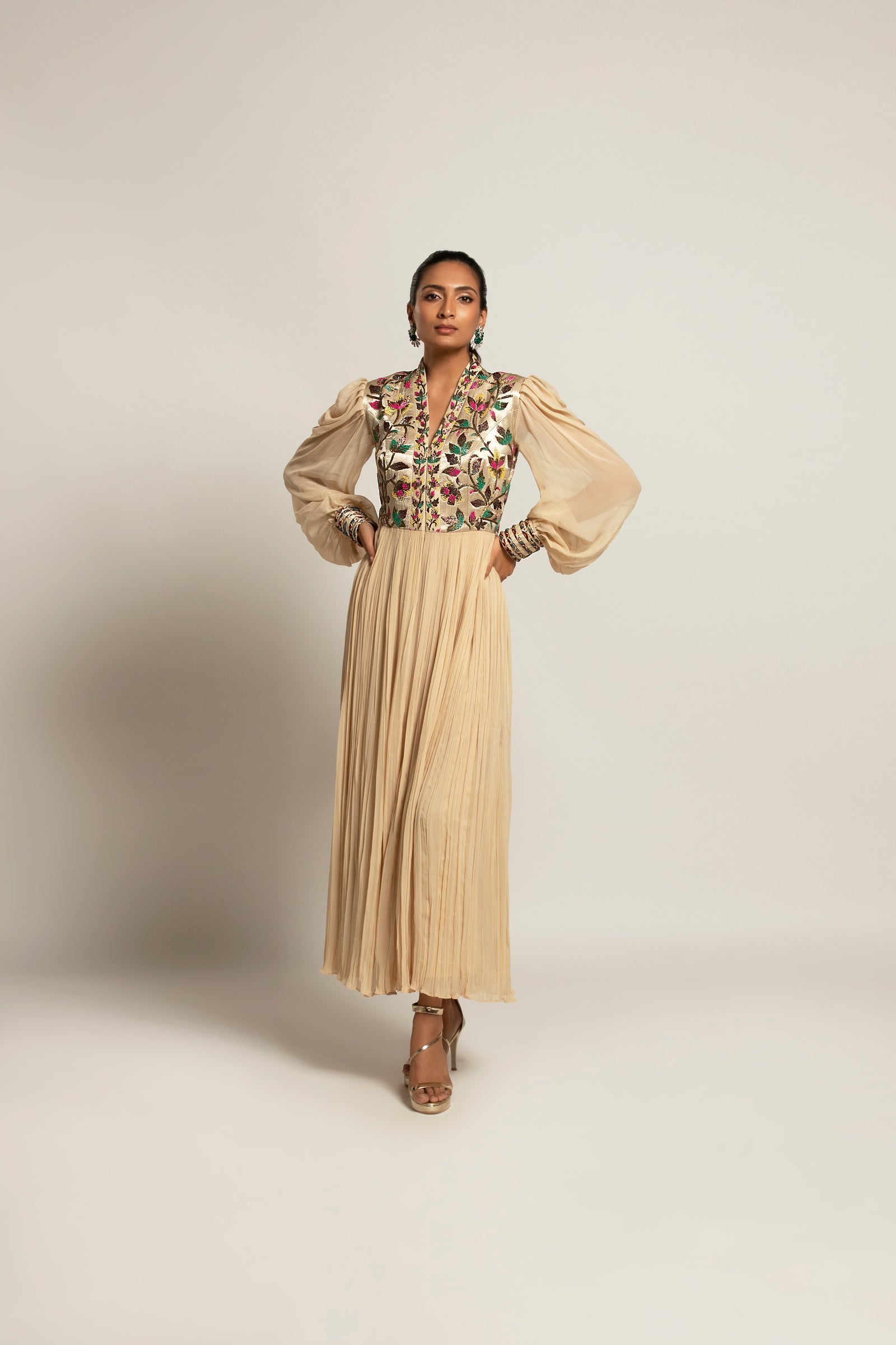 Debonair Hex beige gathered dress