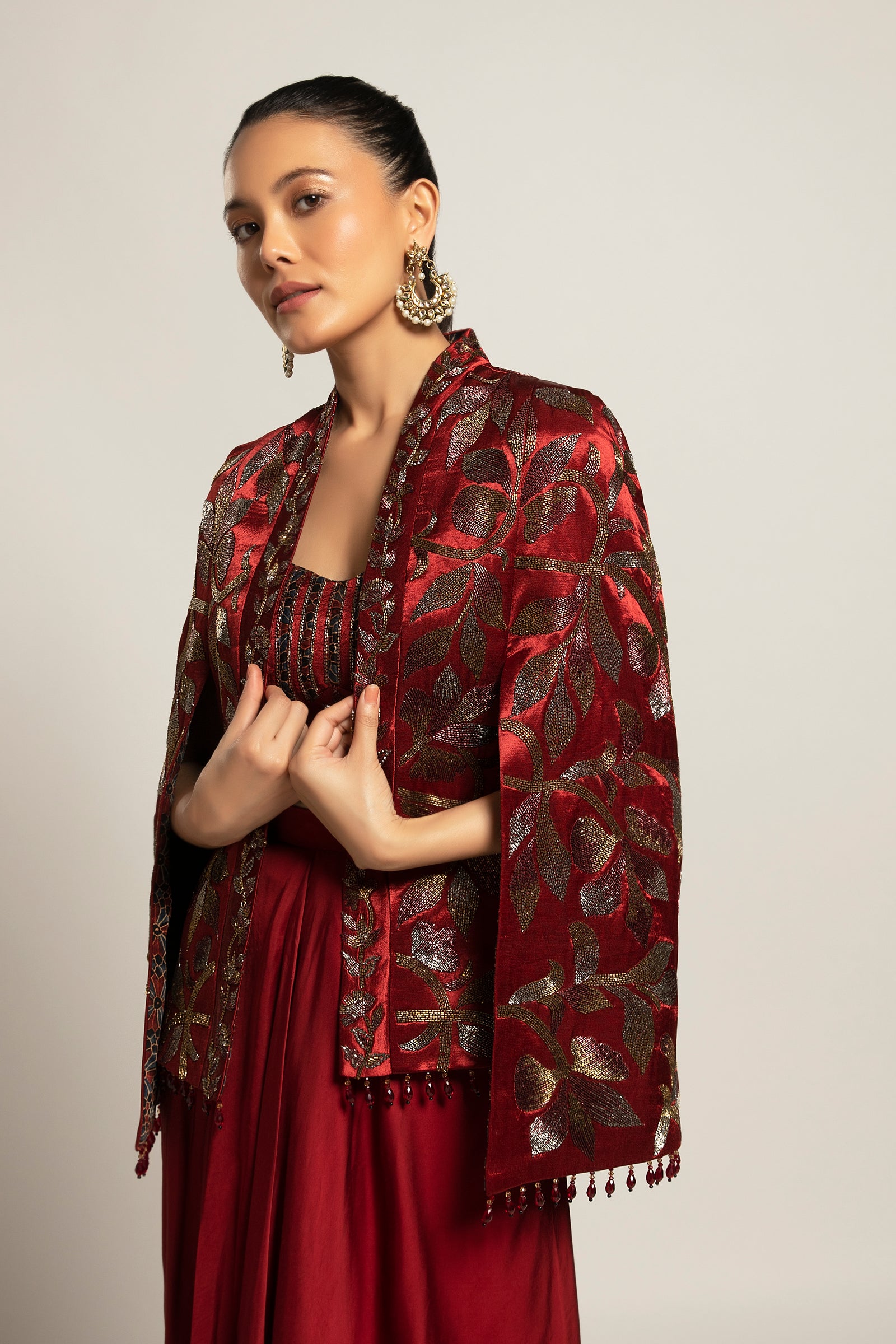 Rheia Maroon co-ord set with Cape jacket