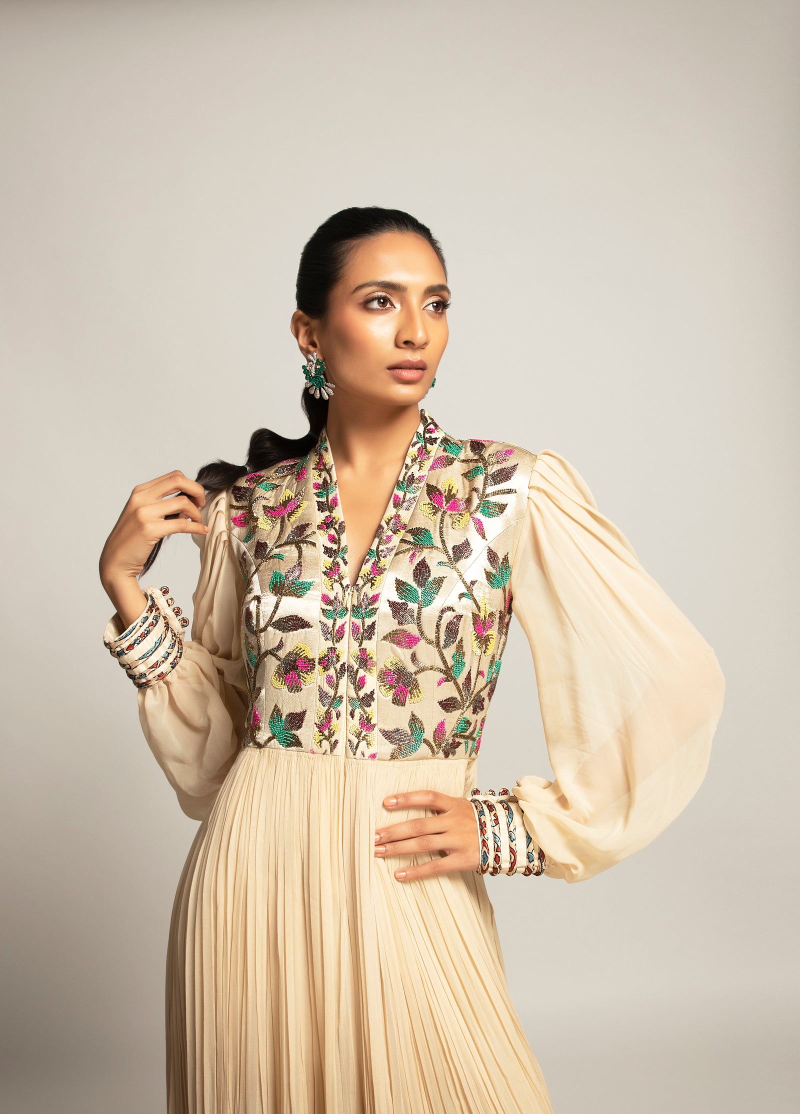 Debonair Hex beige gathered dress