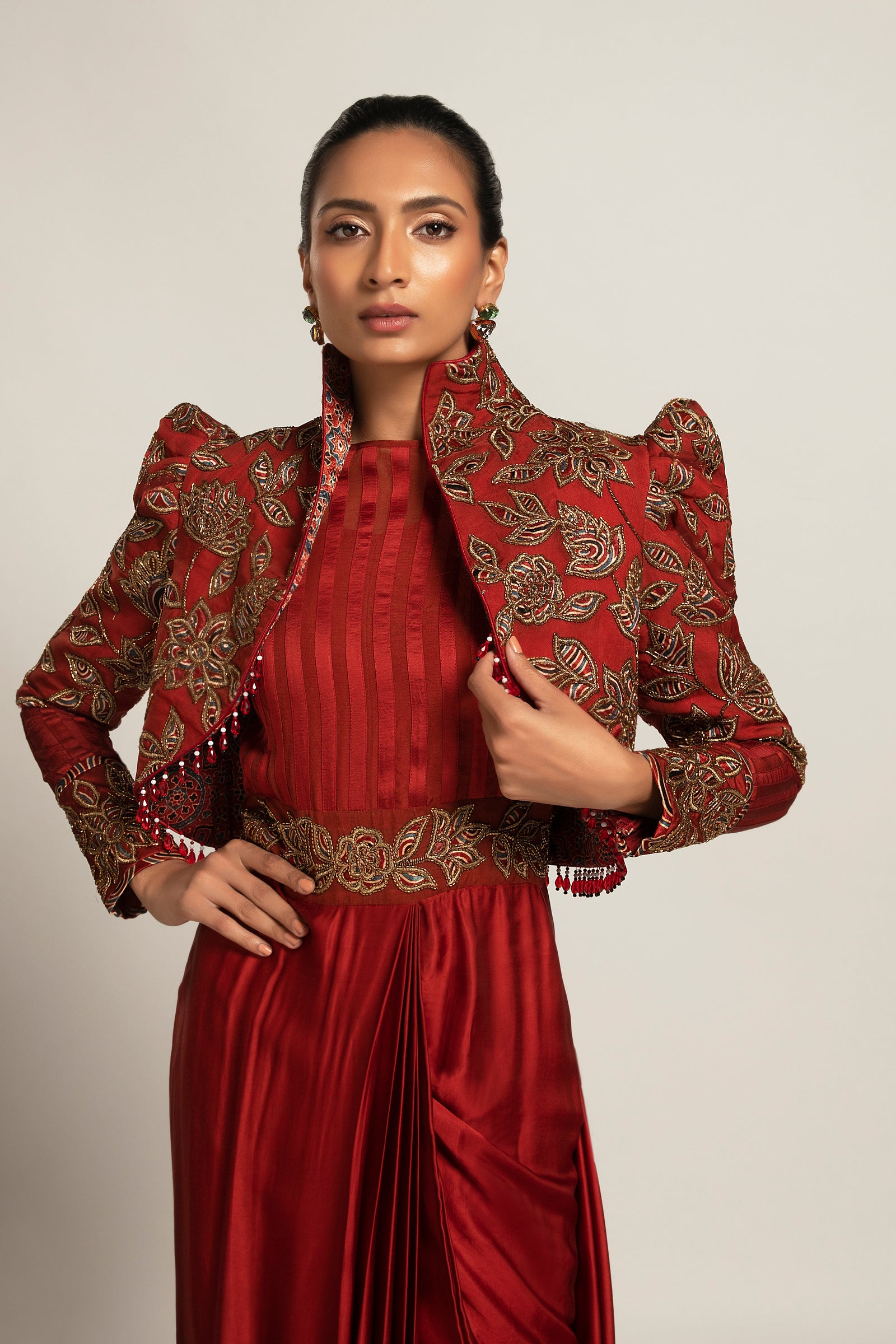 Elysian Maroon Draped gown saree With Short jacket