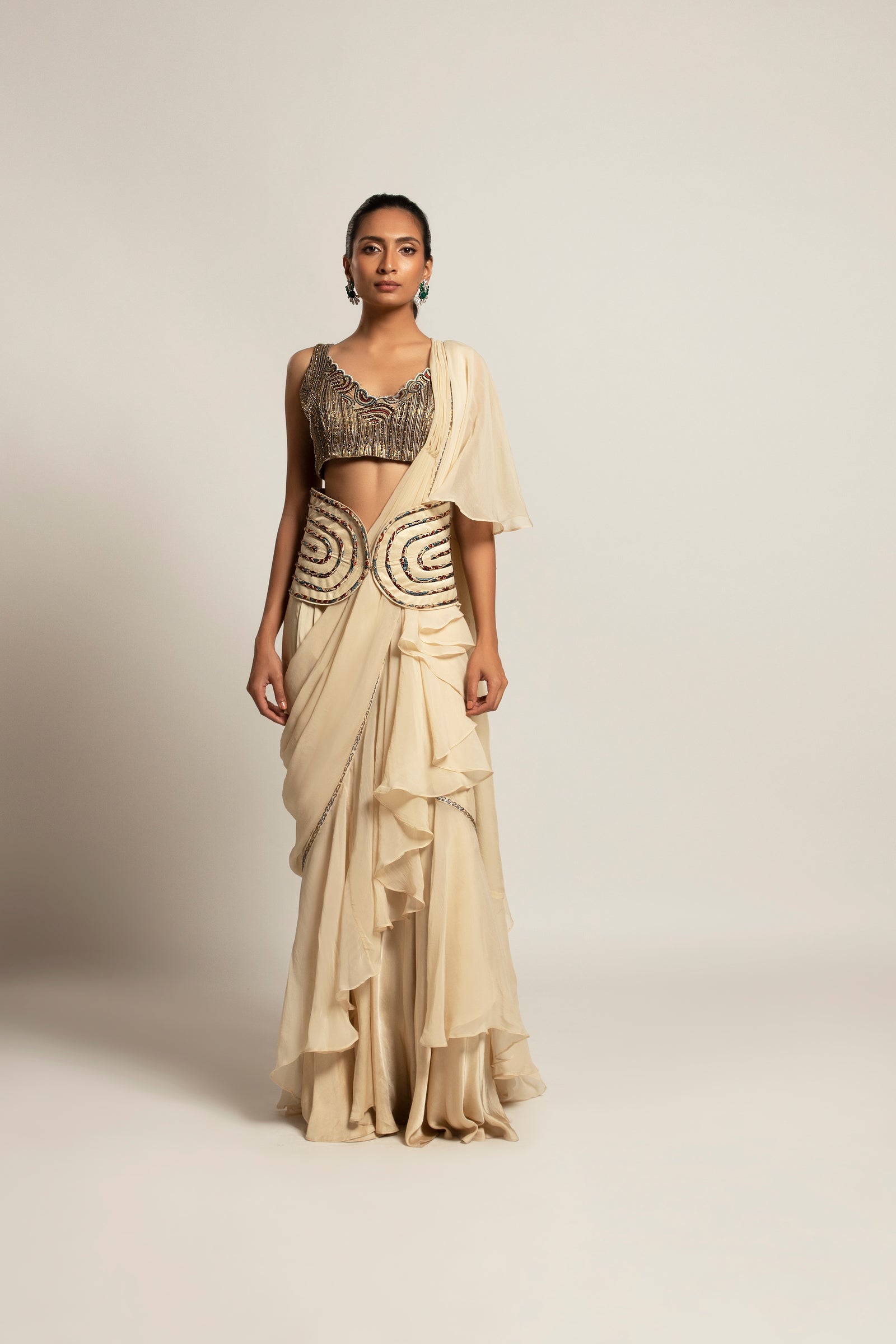 Spiffy Ivory attached dupatta & pants with blouse and Quilted waistband