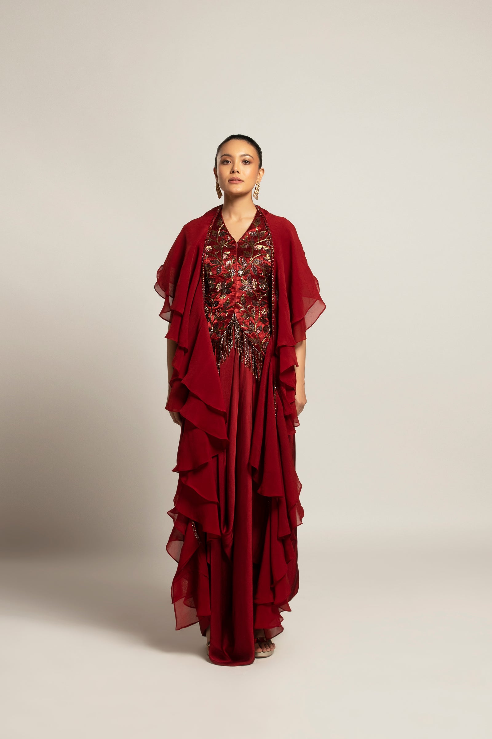 Luscious Maroon jacket with drape skirt Styled up with the ruffled dupatta