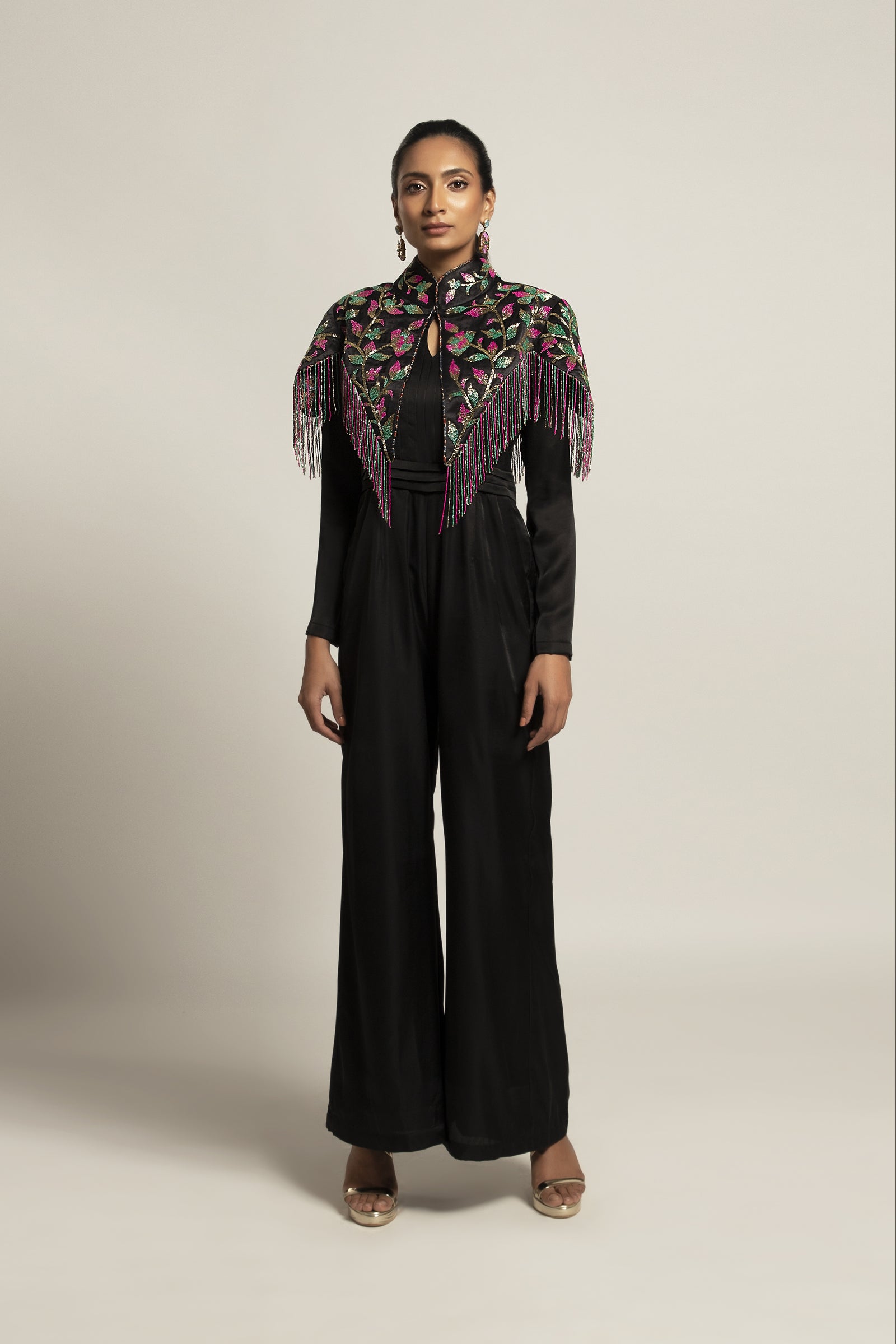Sterling Black jumpsuit with embellished Capelet