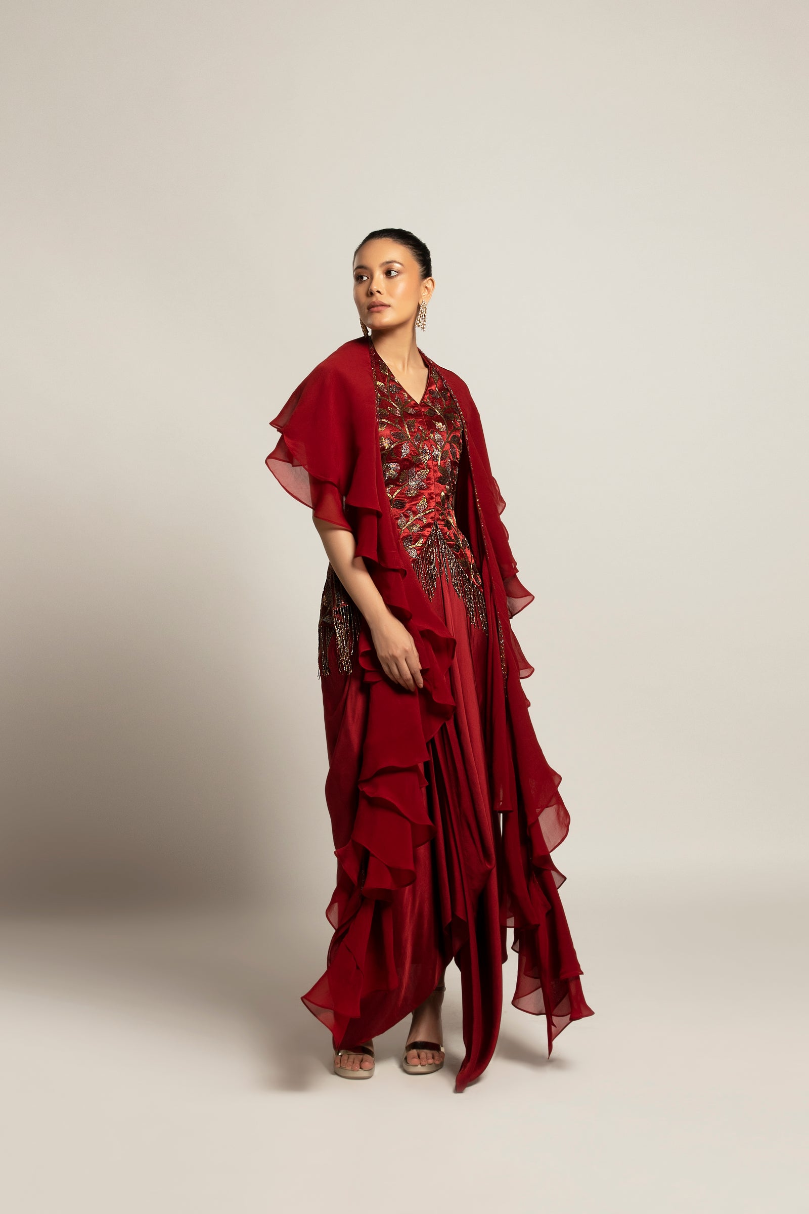 Luscious Maroon jacket with drape skirt Styled up with the ruffled dupatta